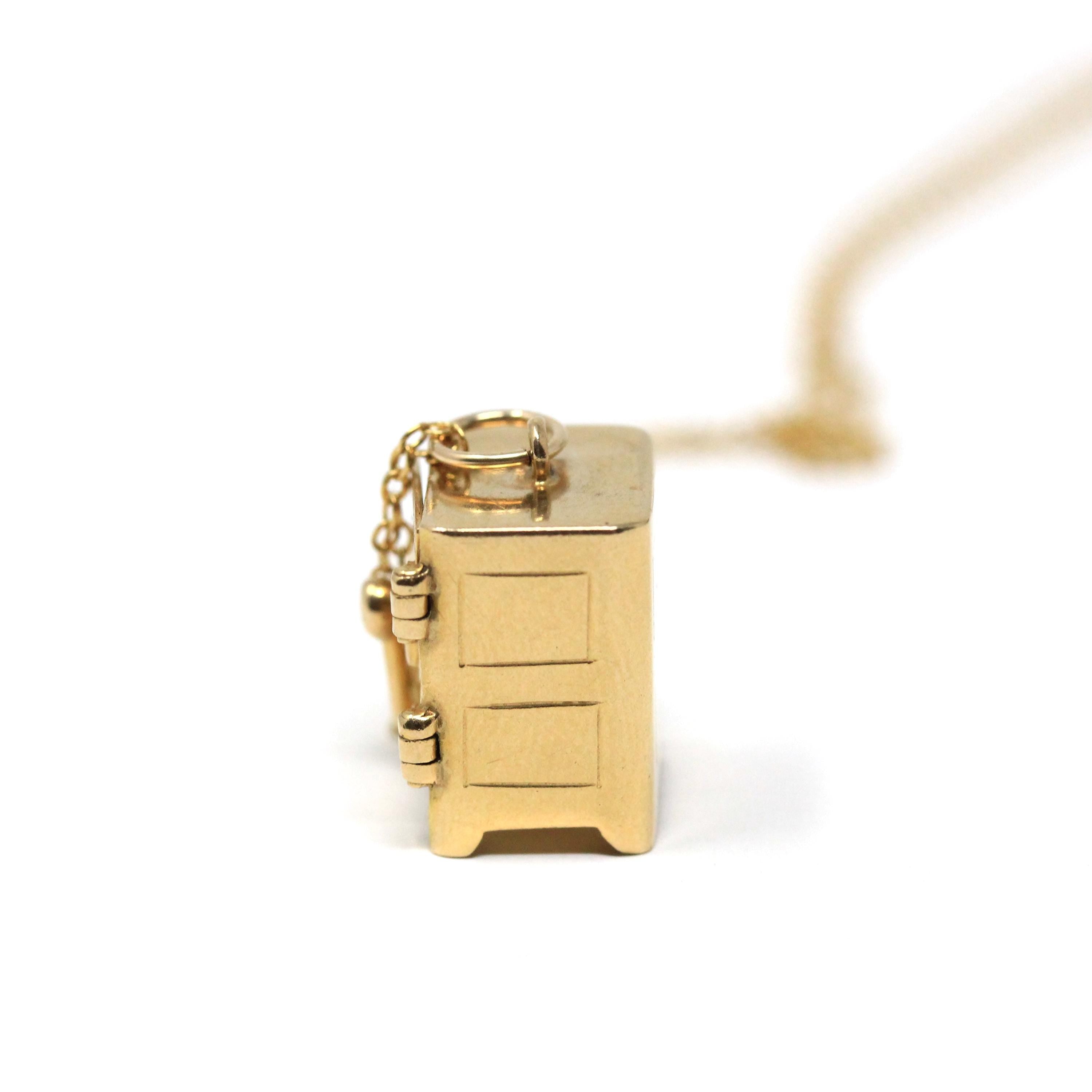 Vintage Money Safe Charm - Mid Century 14k Yellow Gold Pendant Vault Necklace - Vintage Circa 1950s Era Dollar Bill Locket Fine 50s Jewelry