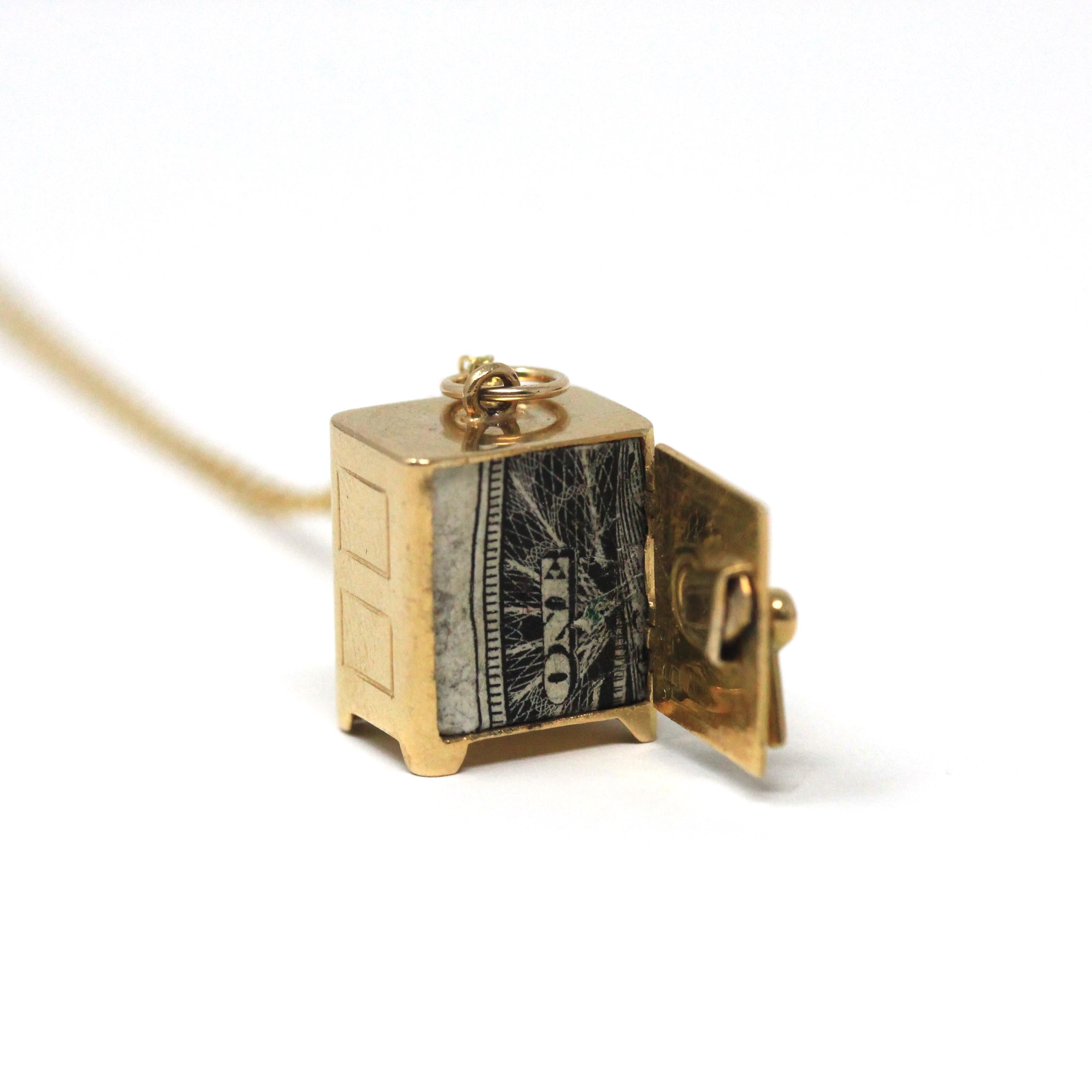 Vintage Money Safe Charm - Mid Century 14k Yellow Gold Pendant Vault Necklace - Vintage Circa 1950s Era Dollar Bill Locket Fine 50s Jewelry