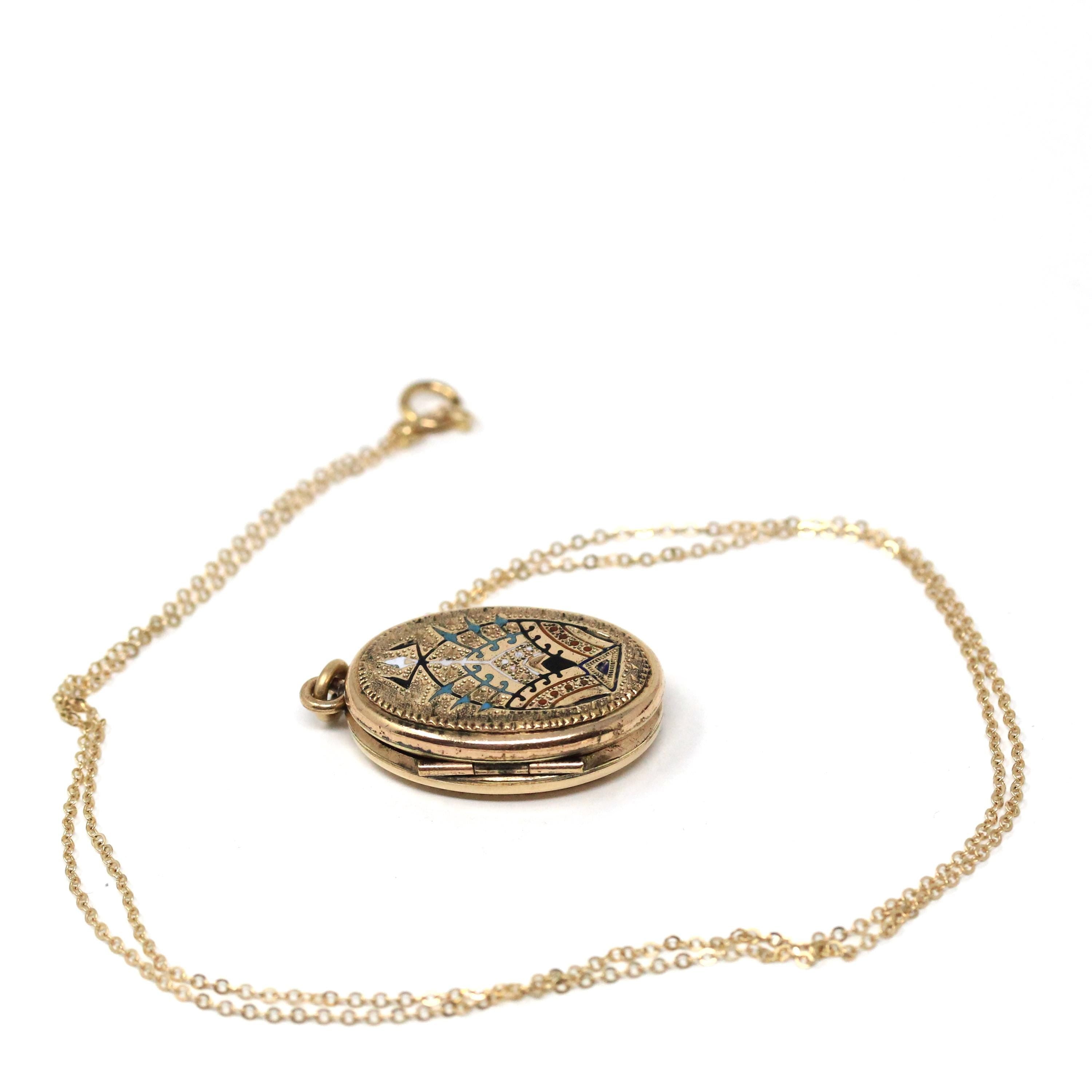 Victorian Enamel Locket - Antique Gold Filled Oval Black White Turquoise Flower Pendant Necklace - Vintage Circa 1890s Photo Fine Jewelry