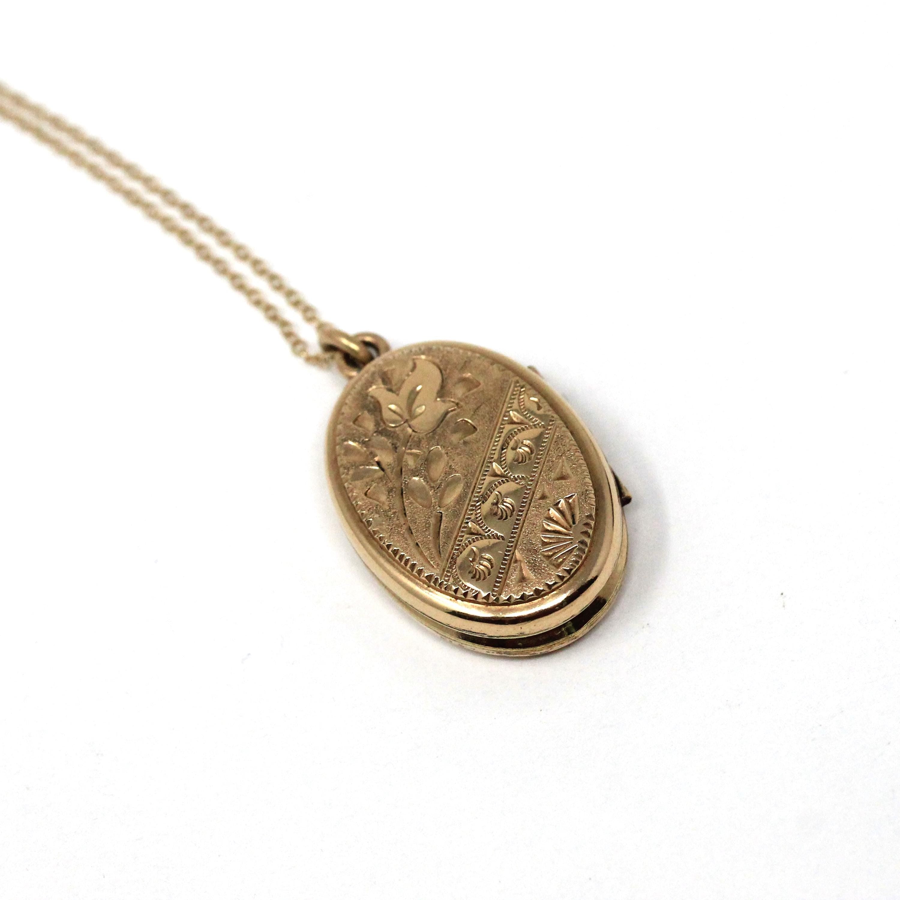 Victorian Enamel Locket - Antique Gold Filled Oval Black White Turquoise Flower Pendant Necklace - Vintage Circa 1890s Photo Fine Jewelry