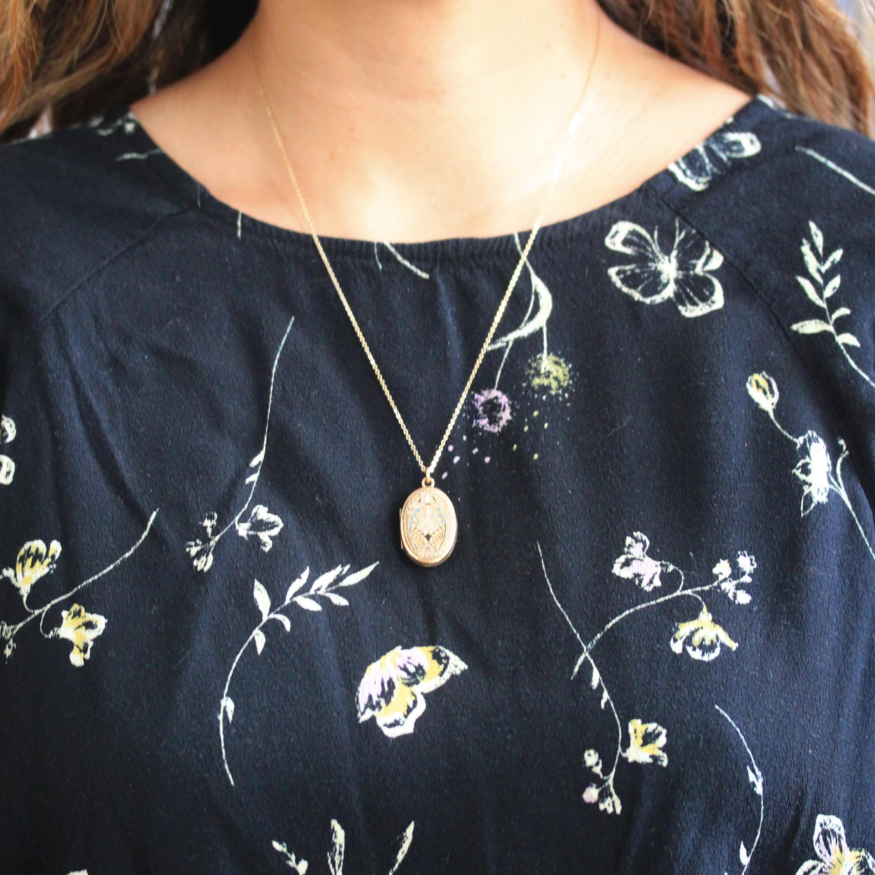 Victorian Enamel Locket - Antique Gold Filled Oval Black White Turquoise Flower Pendant Necklace - Vintage Circa 1890s Photo Fine Jewelry