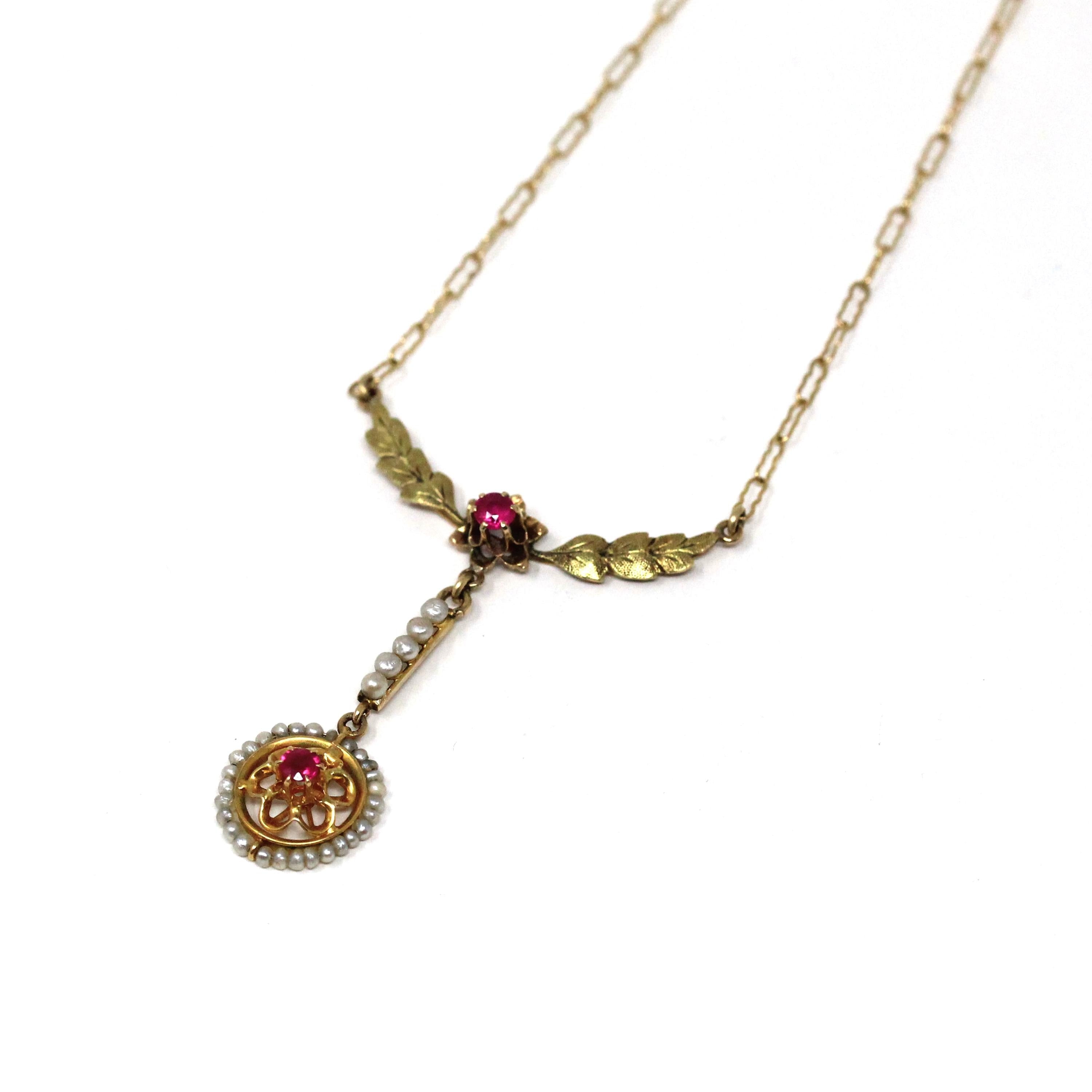 Antique Lavalier Necklace - Edwardian 10k Yellow Gold Created Ruby Seed Pearl Pendant Charm - Circa 1910s Floral Leaf Flower Fine Jewelry