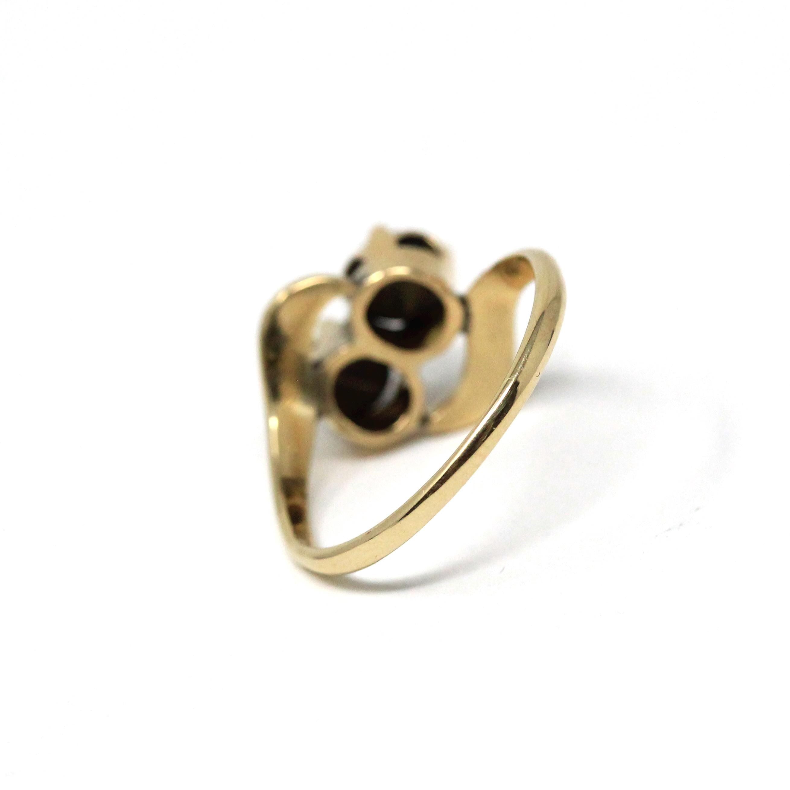 Black Star Sapphire Ring - Retro 10k Yellow Gold Toi Et Moi Gemstones - Vintage Circa 1970s Era Size 6.75 Bypass Style Fine Corundum Jewelry