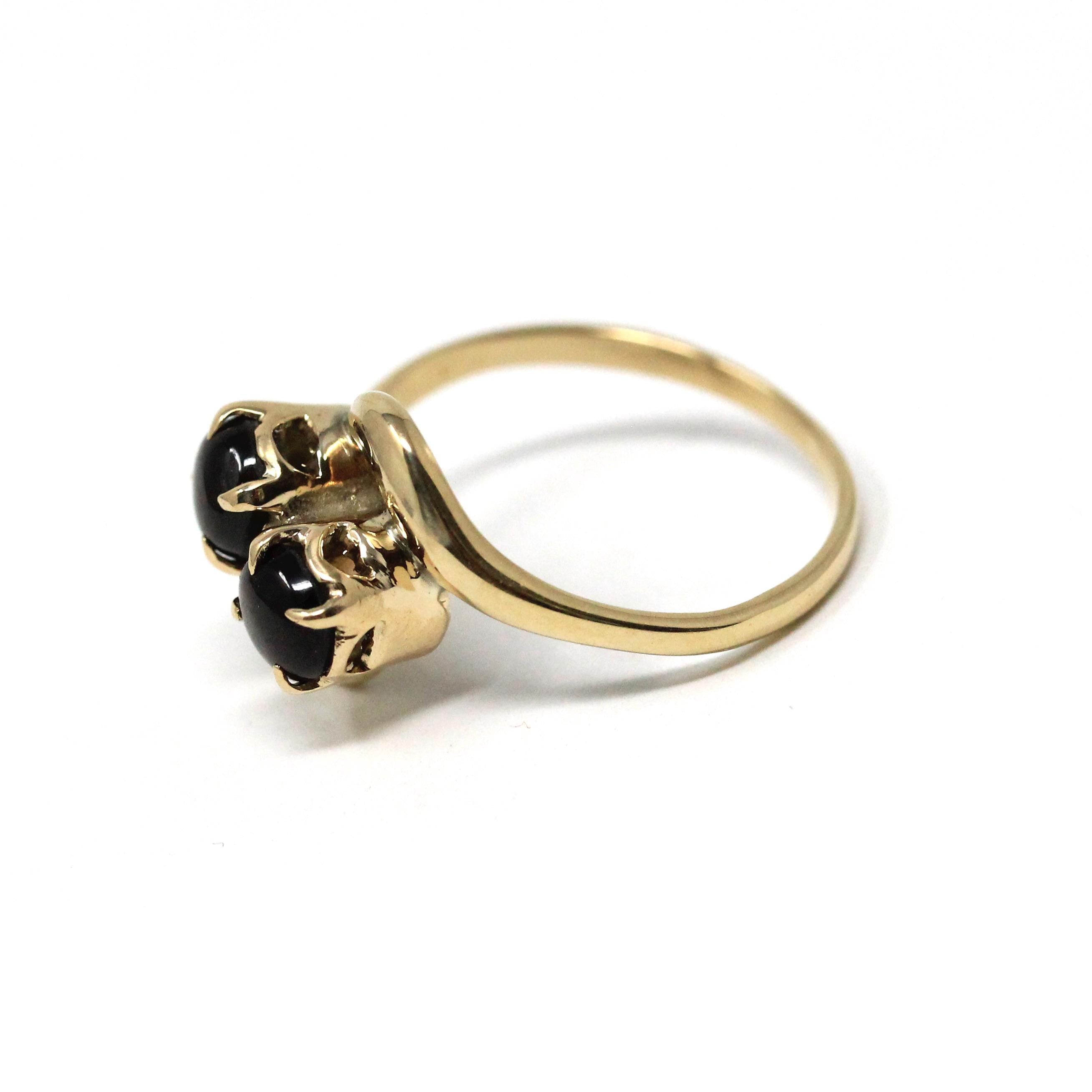 Black Star Sapphire Ring - Retro 10k Yellow Gold Toi Et Moi Gemstones - Vintage Circa 1970s Era Size 6.75 Bypass Style Fine Corundum Jewelry