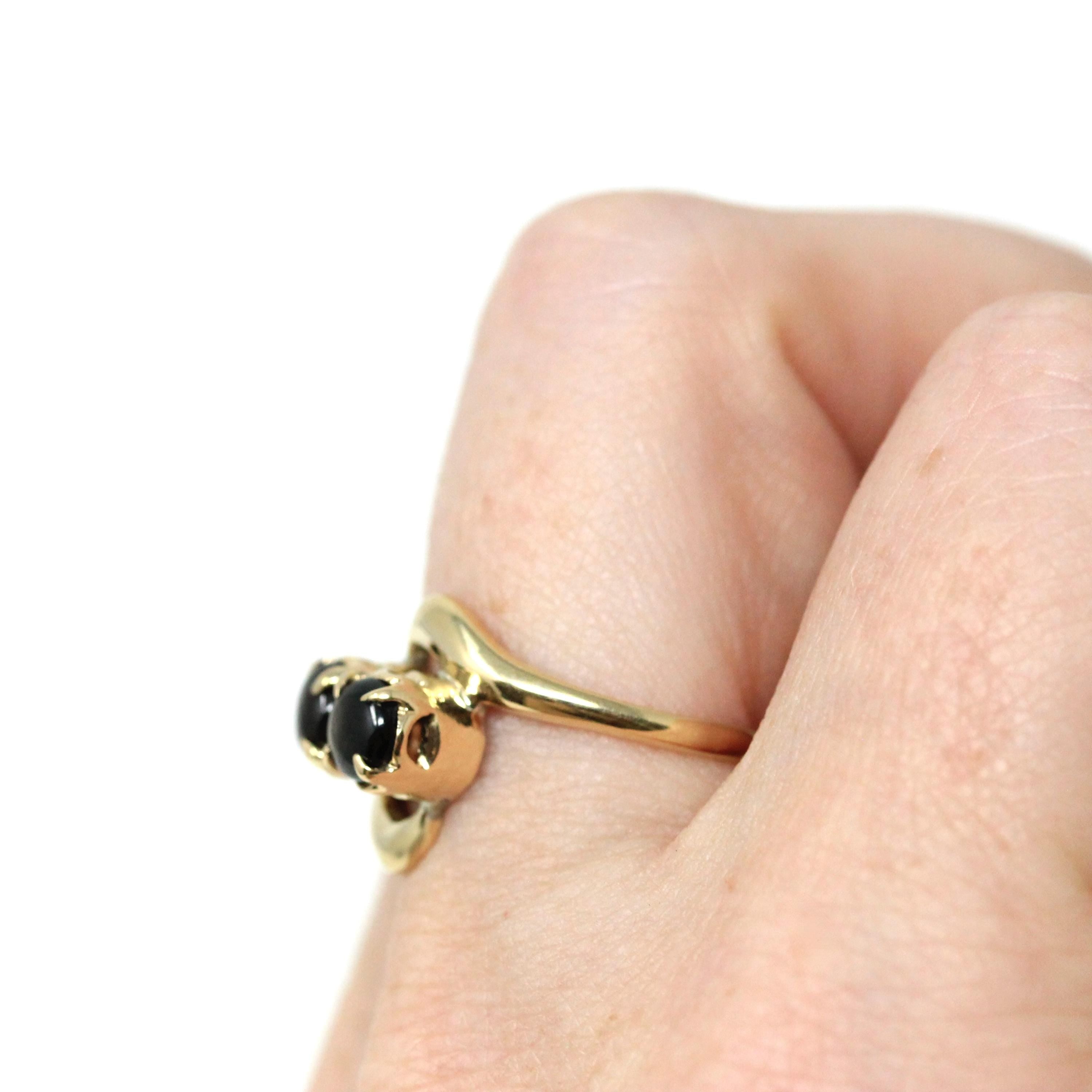 Black Star Sapphire Ring - Retro 10k Yellow Gold Toi Et Moi Gemstones - Vintage Circa 1970s Era Size 6.75 Bypass Style Fine Corundum Jewelry