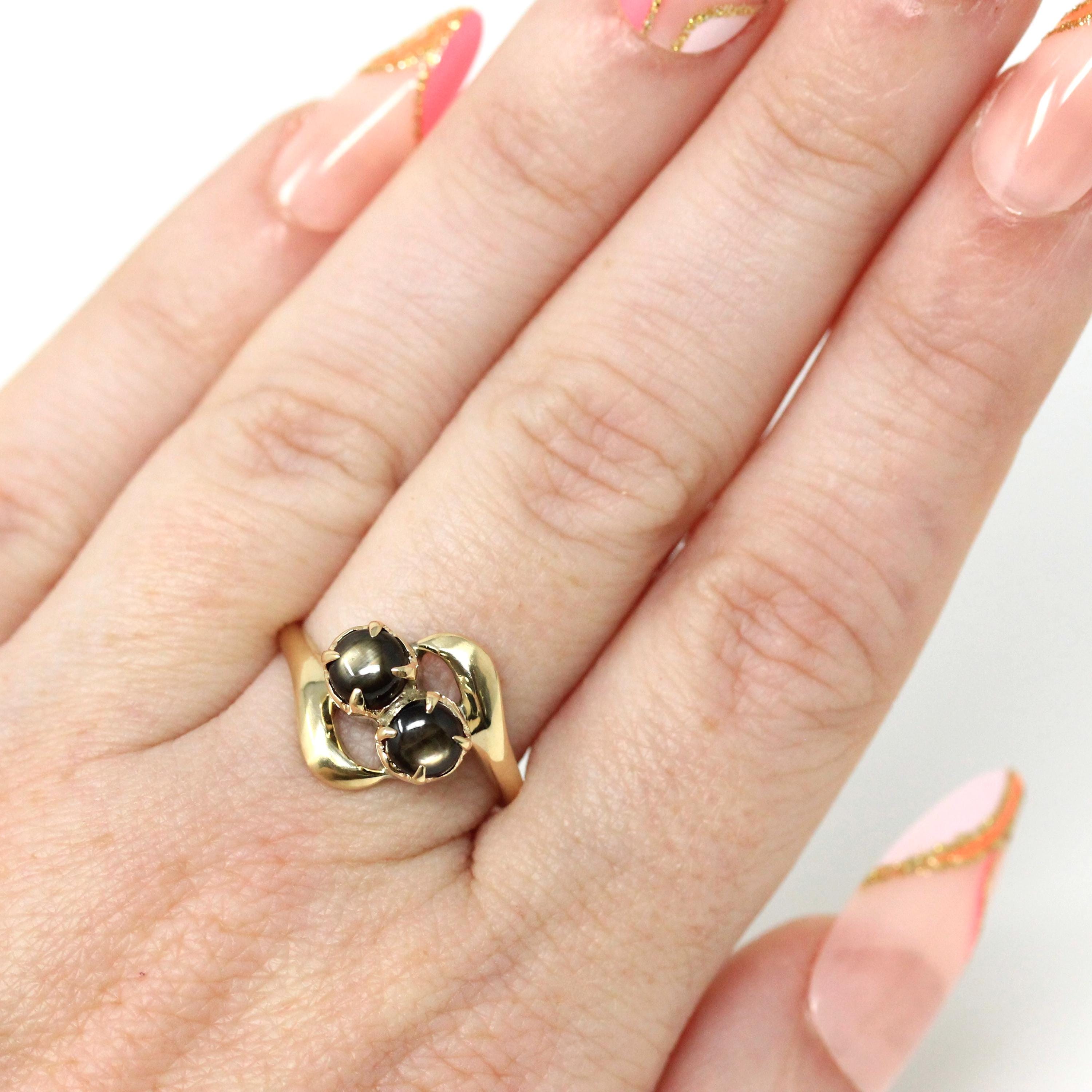 Black Star Sapphire Ring - Retro 10k Yellow Gold Toi Et Moi Gemstones - Vintage Circa 1970s Era Size 6.75 Bypass Style Fine Corundum Jewelry