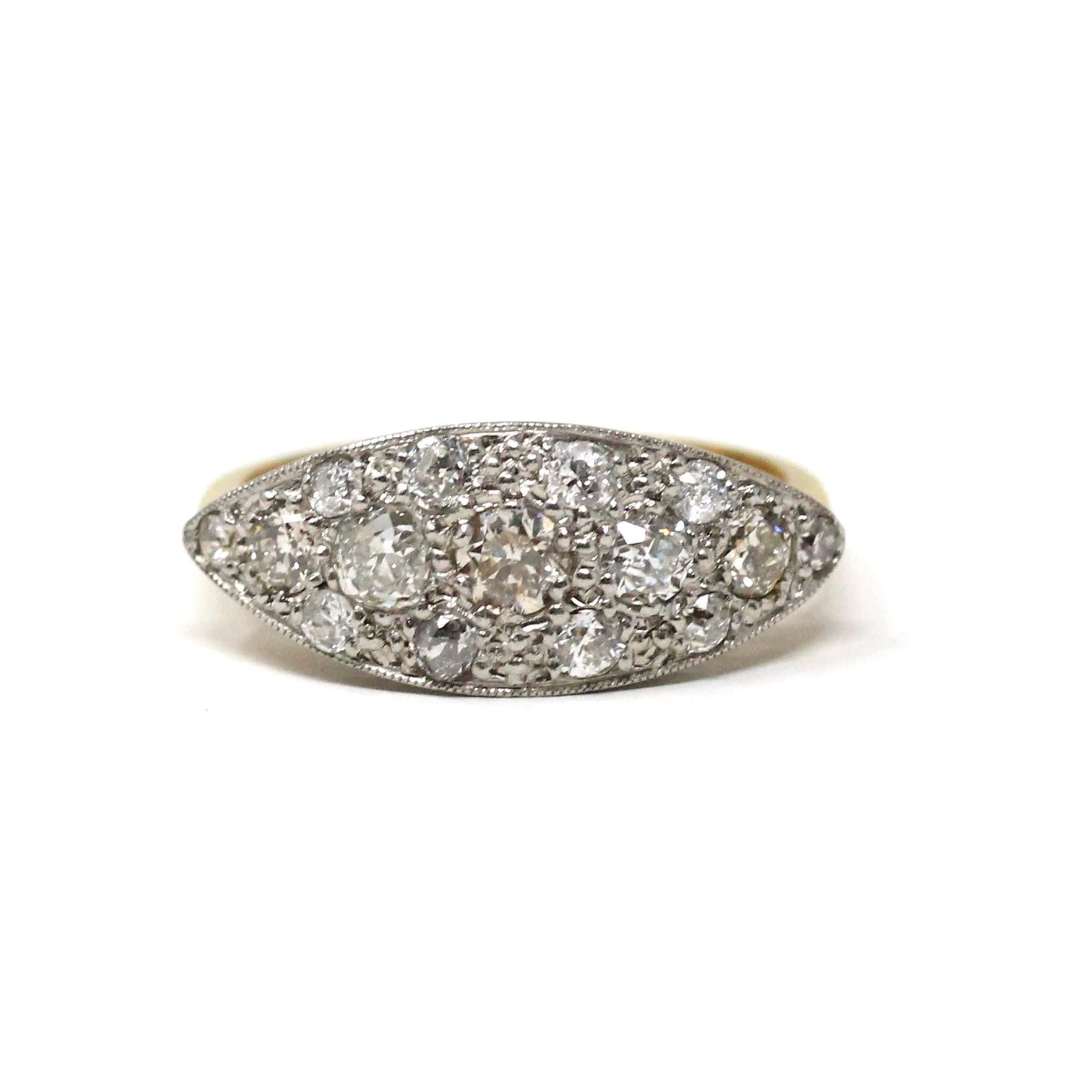 Art Deco Diamond Ring - Antique 18k Yellow & White Gold .83 CTW Cluster - Circa 1920s Era Size 7 East West Eye Fine Two Tone 20s Jewelry