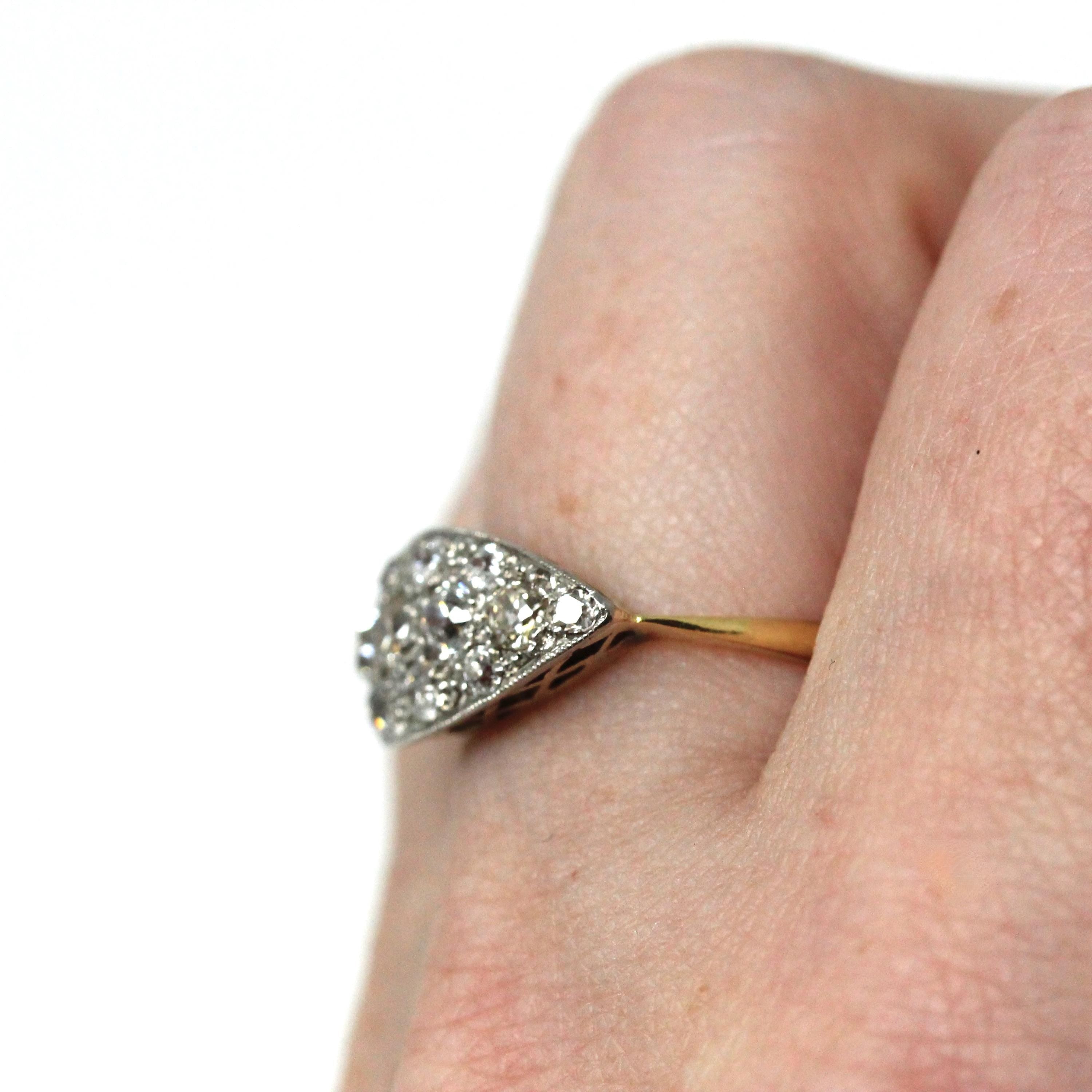 Art Deco Diamond Ring - Antique 18k Yellow & White Gold .83 CTW Cluster - Circa 1920s Era Size 7 East West Eye Fine Two Tone 20s Jewelry