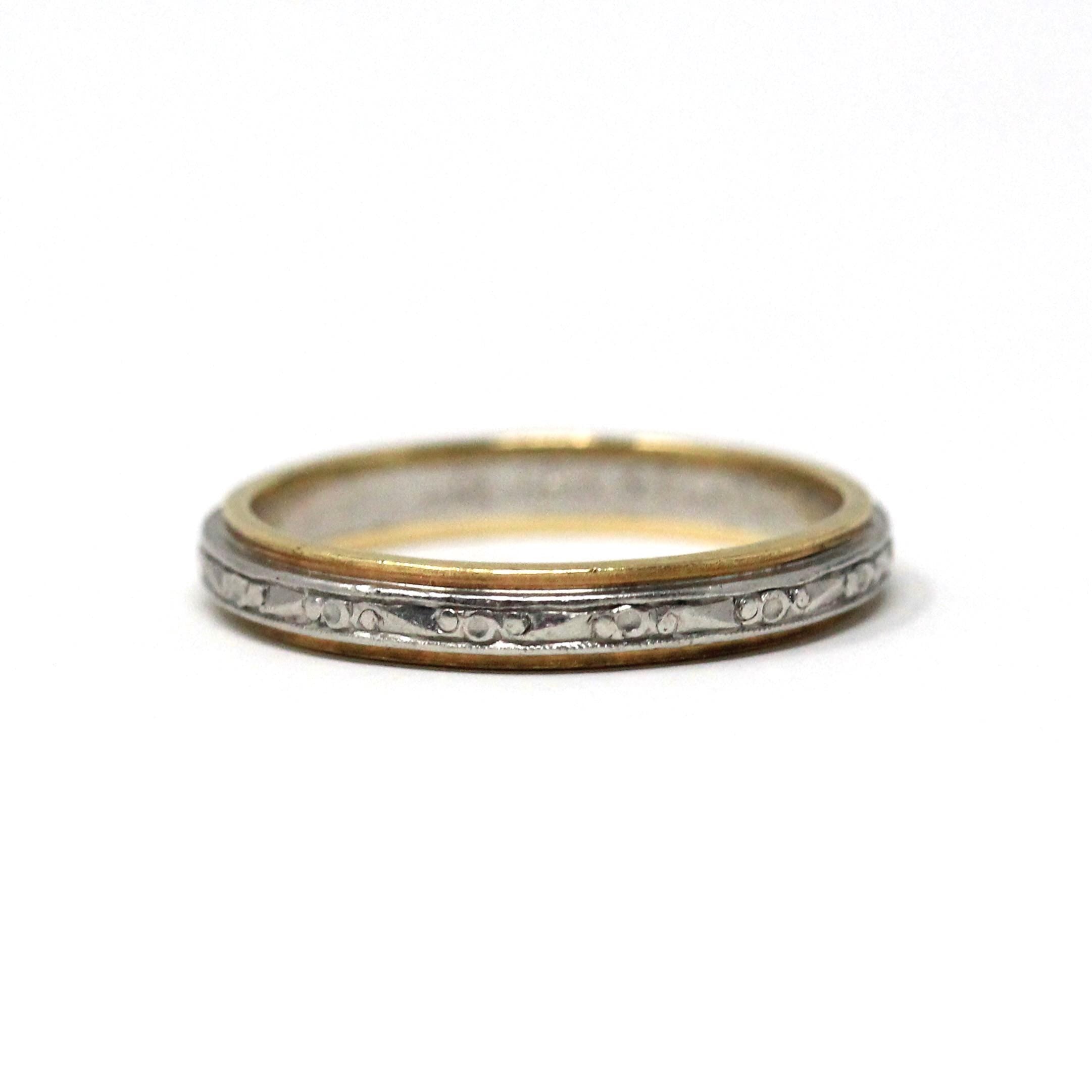 Vintage Two Tone Band - Retro 18k Yellow Gold & Platinum Engraved Floral Designs - Dated 1963 Size 5 1/2 Wedding Unisex Fine Bridal Jewelry