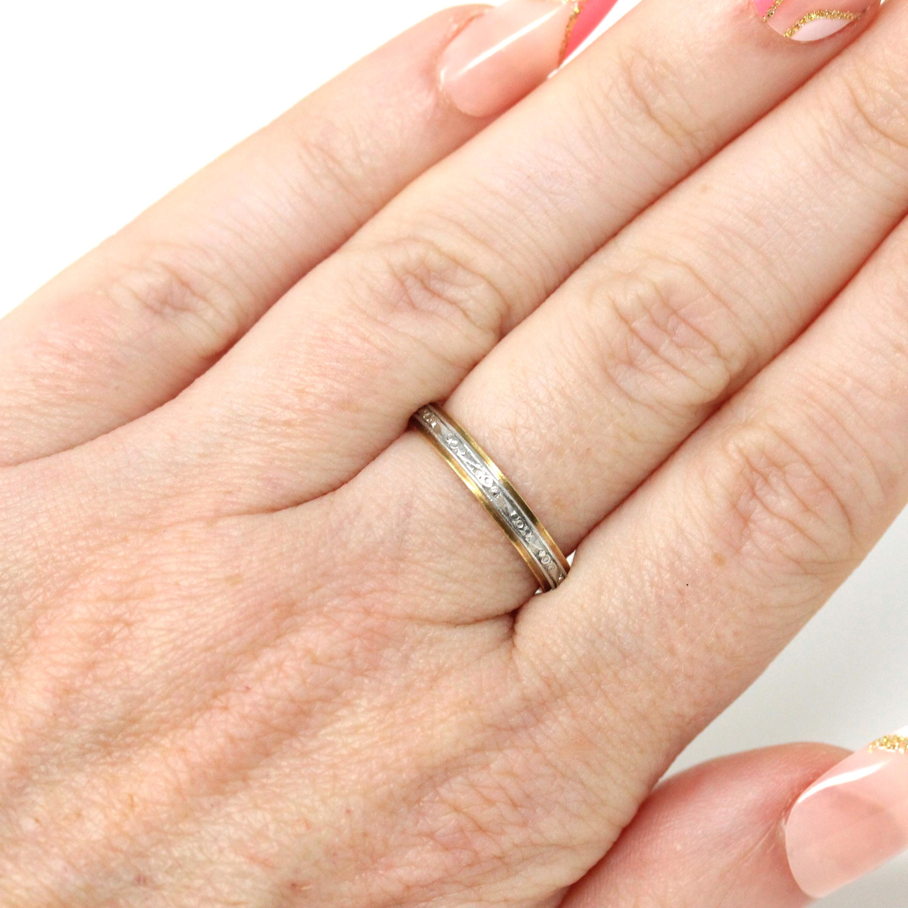 Vintage Two Tone Band - Retro 18k Yellow Gold & Platinum Engraved Floral Designs - Dated 1963 Size 5 1/2 Wedding Unisex Fine Bridal Jewelry