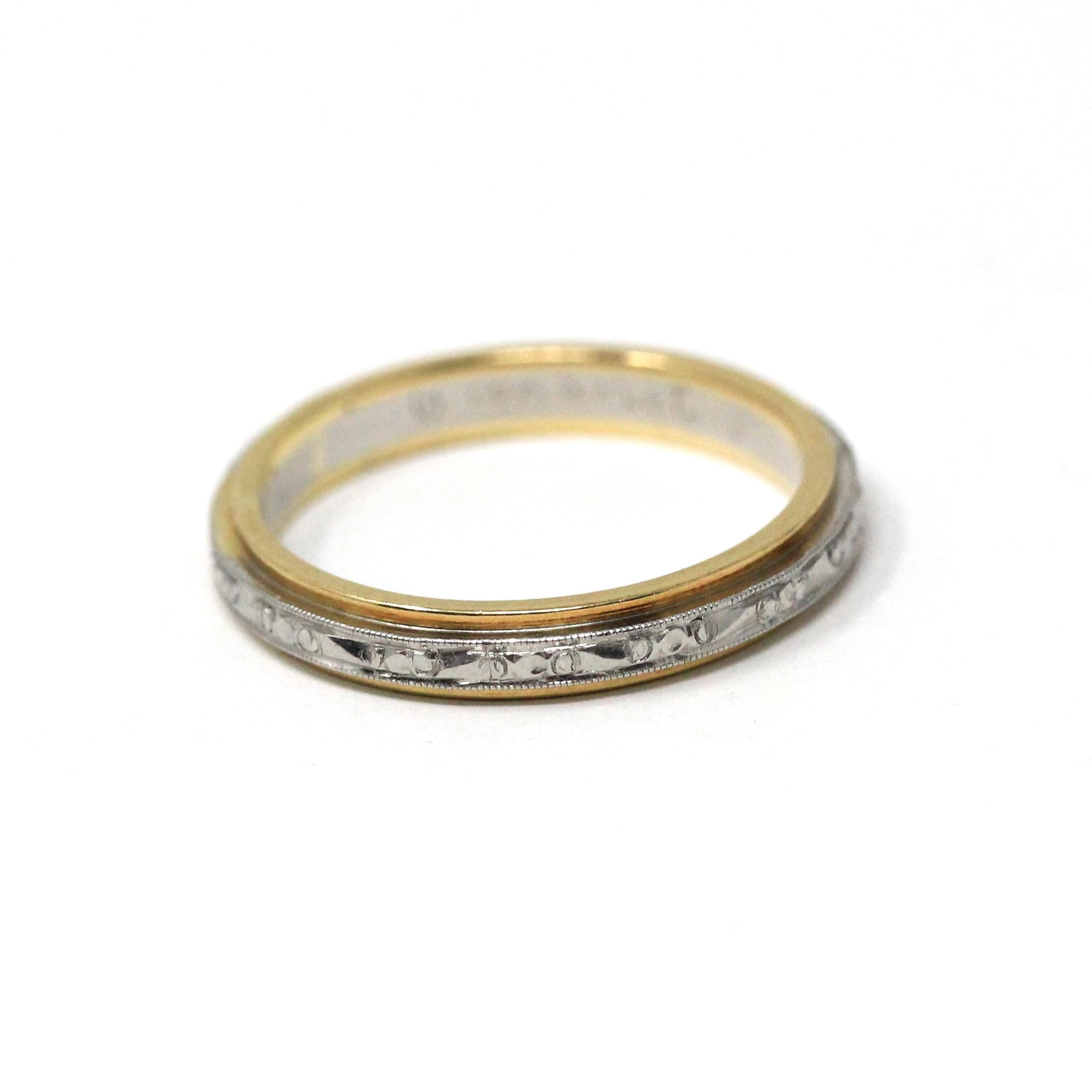 Vintage Two Tone Band - Retro 18k Yellow Gold & Platinum Engraved Floral Designs - Circa 1960s Size 5 1/2 Wedding Unisex Fine Bridal Jewelry