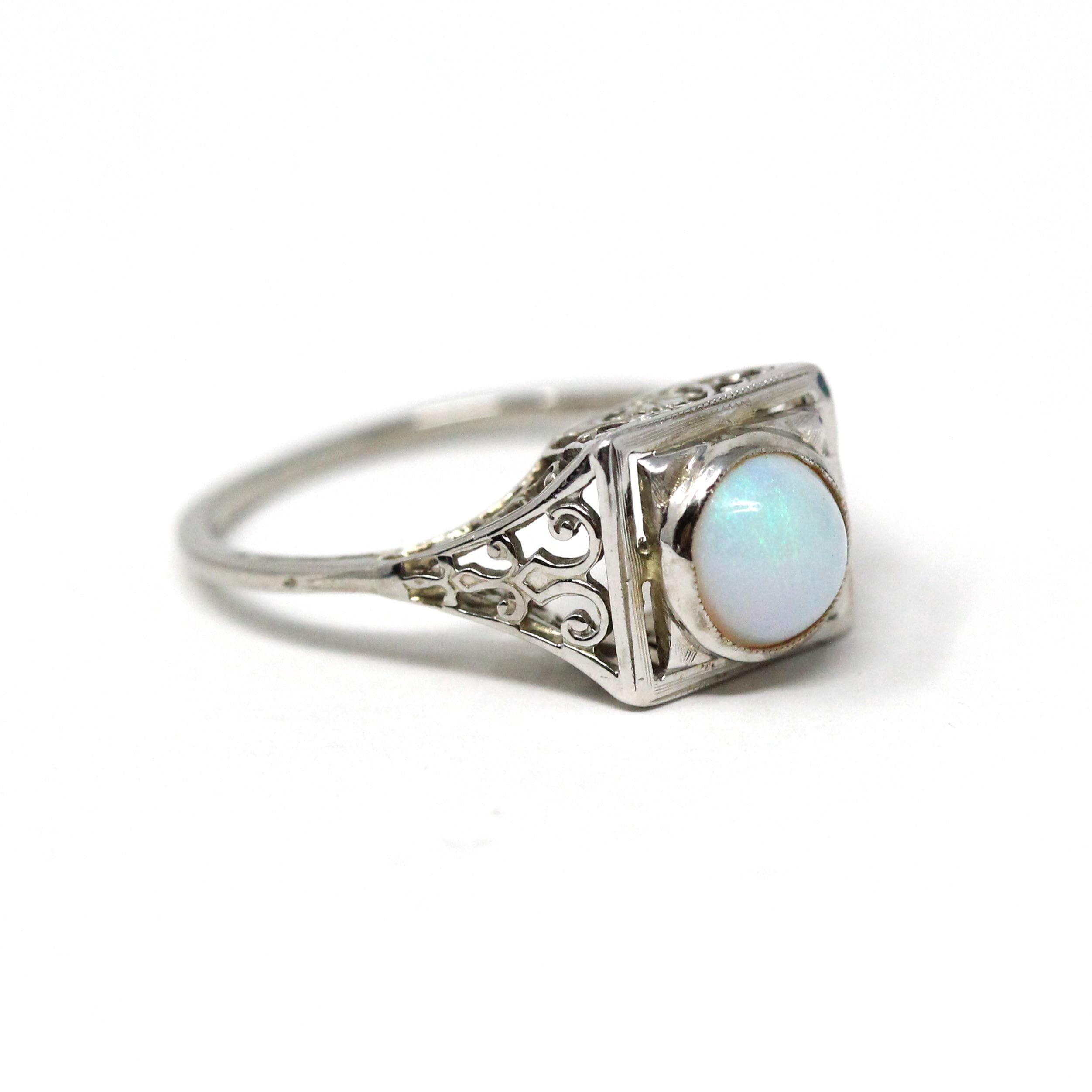 Vintage Opal Ring - Art Deco 18k White Gold Natural Cabochon Gem Square Filigree Solitaire - Circa 1930s Size 5 3/4 Fine Statement Jewelry