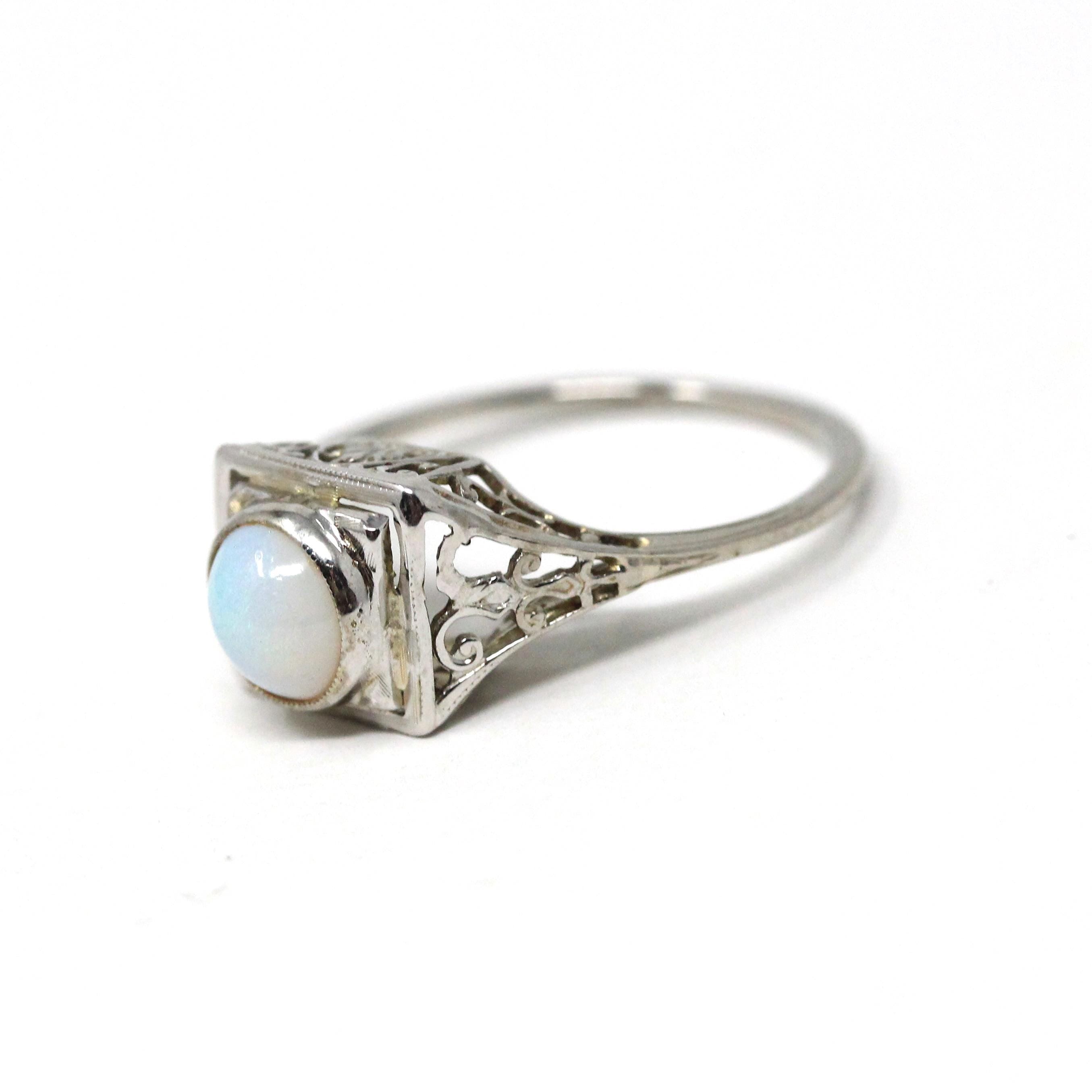 Vintage Opal Ring - Art Deco 18k White Gold Natural Cabochon Gem Square Filigree Solitaire - Circa 1930s Size 5 3/4 Fine Statement Jewelry