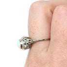 Vintage Opal Ring - Art Deco 18k White Gold Natural Cabochon Gem Square Filigree Solitaire - Circa 1930s Size 5 3/4 Fine Statement Jewelry