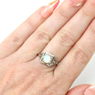 Vintage Opal Ring - Art Deco 18k White Gold Natural Cabochon Gem Square Filigree Solitaire - Circa 1930s Size 5 3/4 Fine Statement Jewelry