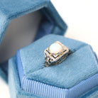 Vintage Opal Ring - Art Deco 18k White Gold Natural Cabochon Gem Square Filigree Solitaire - Circa 1930s Size 5 3/4 Fine Statement Jewelry