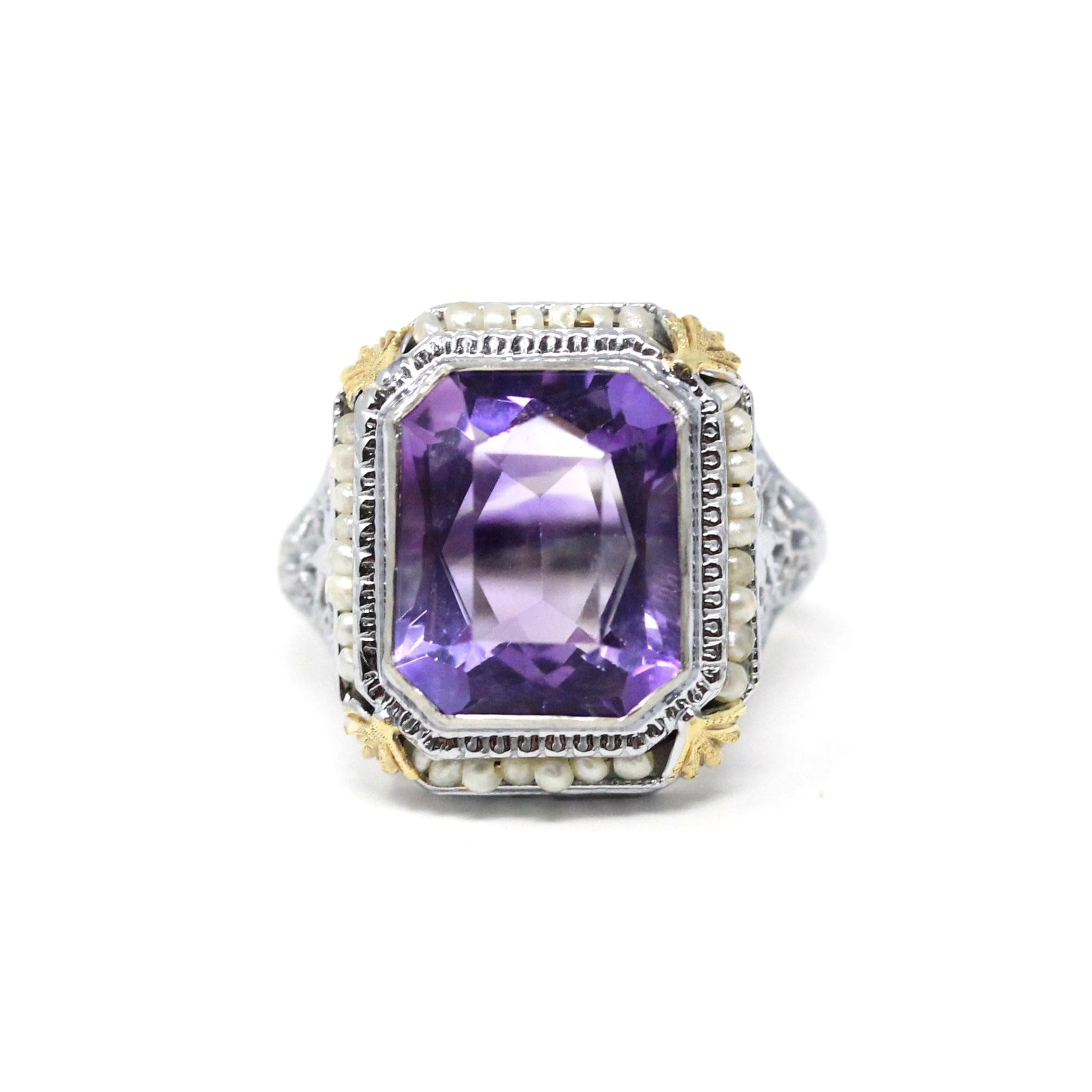 Art Deco Amethyst Ring - Vintage 14k White Gold Octagonal French Cut Purple Gem & Seed Pearl Halo - Circa 1930s Size 6 Filigree Fine Jewelry