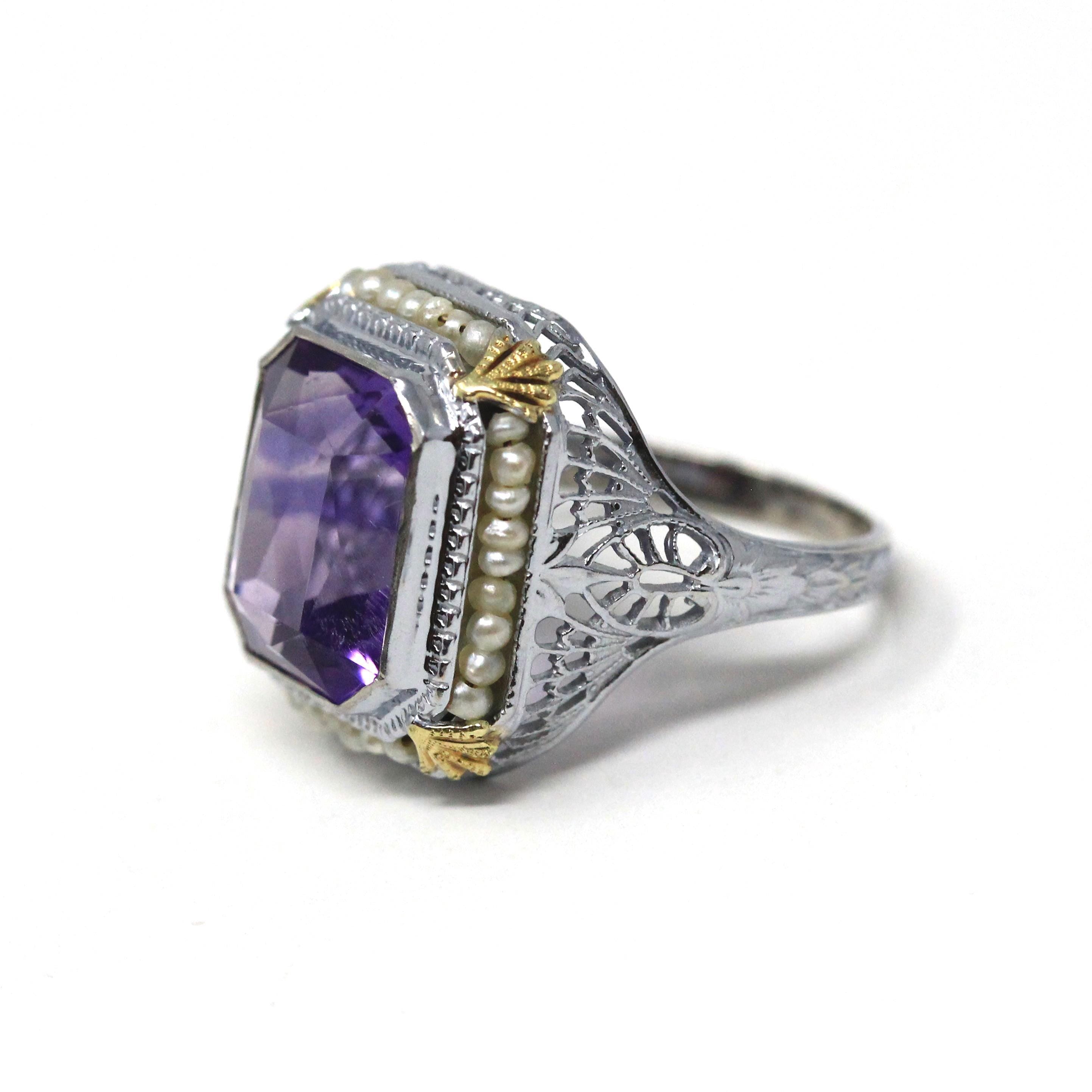 Art Deco Amethyst Ring - Vintage 14k White Gold Octagonal French Cut Purple Gem & Seed Pearl Halo - Circa 1930s Size 6 Filigree Fine Jewelry