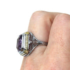 Art Deco Amethyst Ring - Vintage 14k White Gold Octagonal French Cut Purple Gem & Seed Pearl Halo - Circa 1930s Size 6 Filigree Fine Jewelry