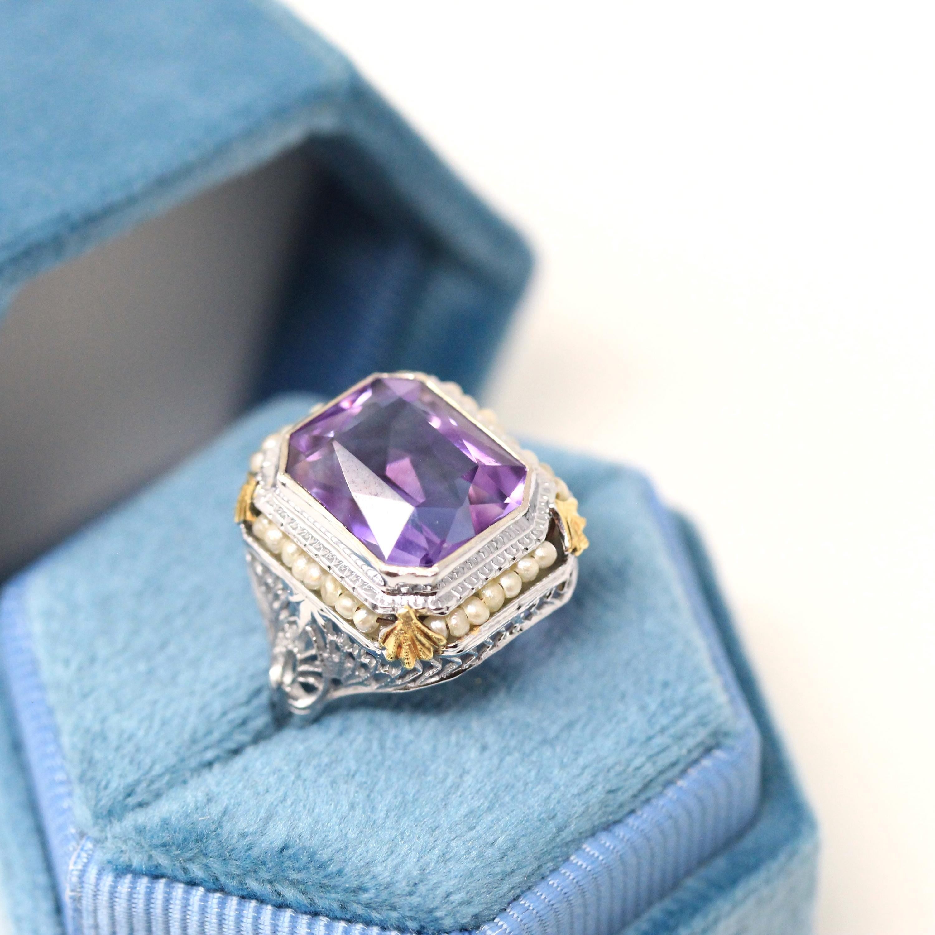 Art Deco Amethyst Ring - Vintage 14k White Gold Octagonal French Cut Purple Gem & Seed Pearl Halo - Circa 1930s Size 6 Filigree Fine Jewelry