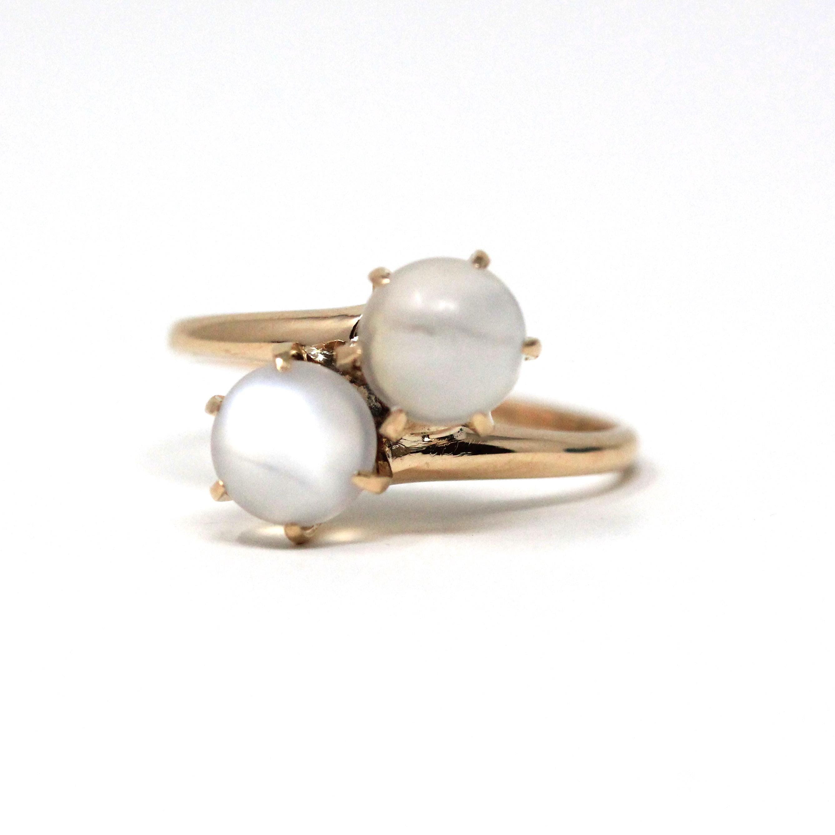 Edwardian Moonstone Ring - Vintage 10k Yellow Gold Natural Round Toi Et Moi Orb Gems - Antique Circa 1910s Era Size 5.5 Bypass Fine Jewelry
