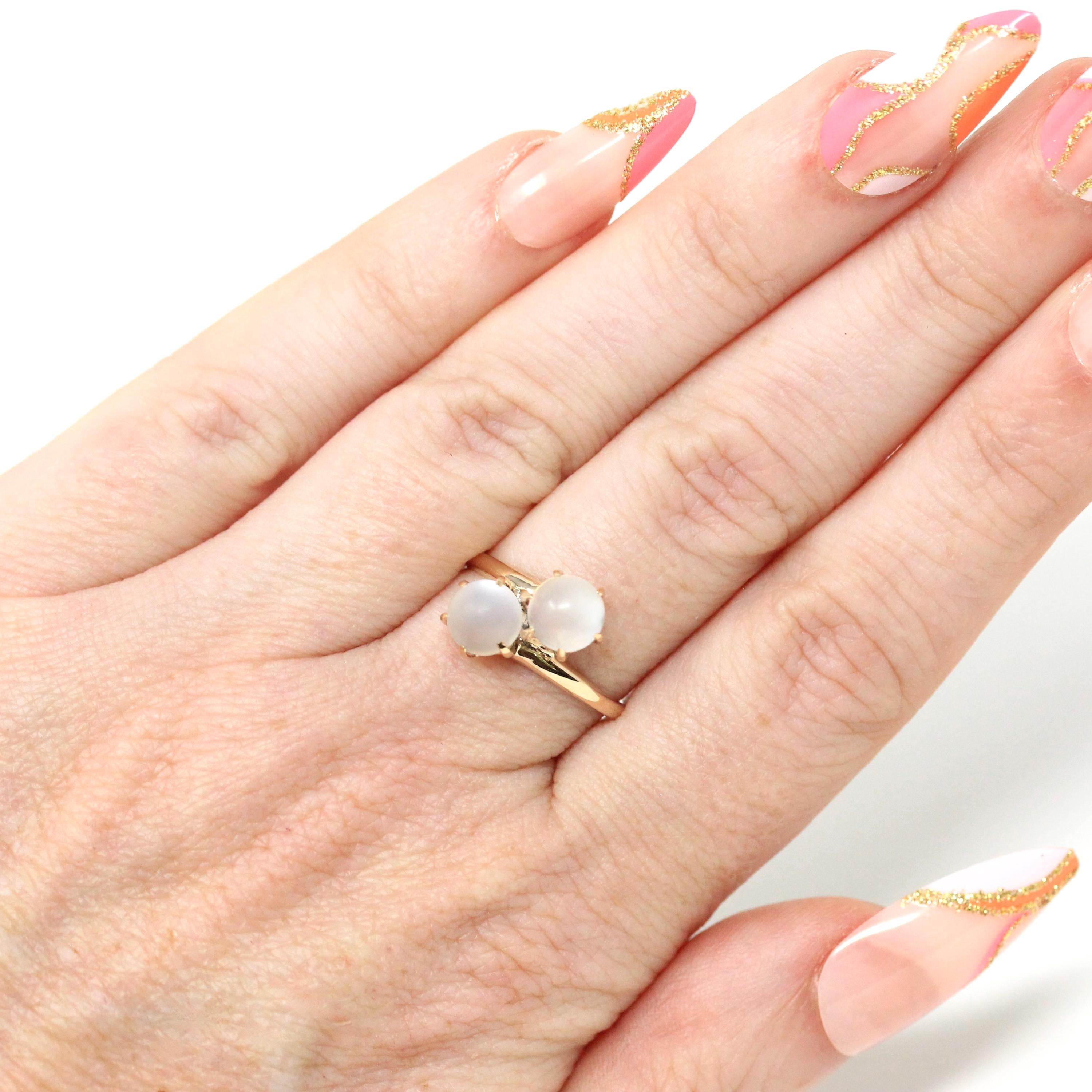 Edwardian Moonstone Ring - Vintage 10k Yellow Gold Natural Round Toi Et Moi Orb Gems - Antique Circa 1910s Era Size 5.5 Bypass Fine Jewelry
