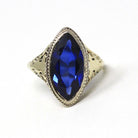 Art Deco Marquise Ring - Vintage 14k White & Yellow Gold Created Blue Sapphire Navette Solitaire - Circa 1930s Size 5 Fine Filigree Jewelry