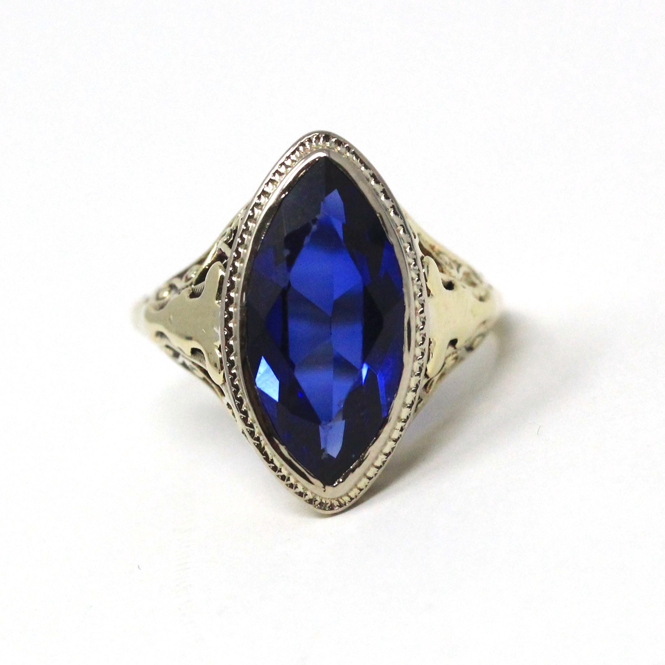 Art Deco Marquise Ring - Vintage 14k White & Yellow Gold Created Blue Sapphire Navette Solitaire - Circa 1930s Size 5 Fine Filigree Jewelry