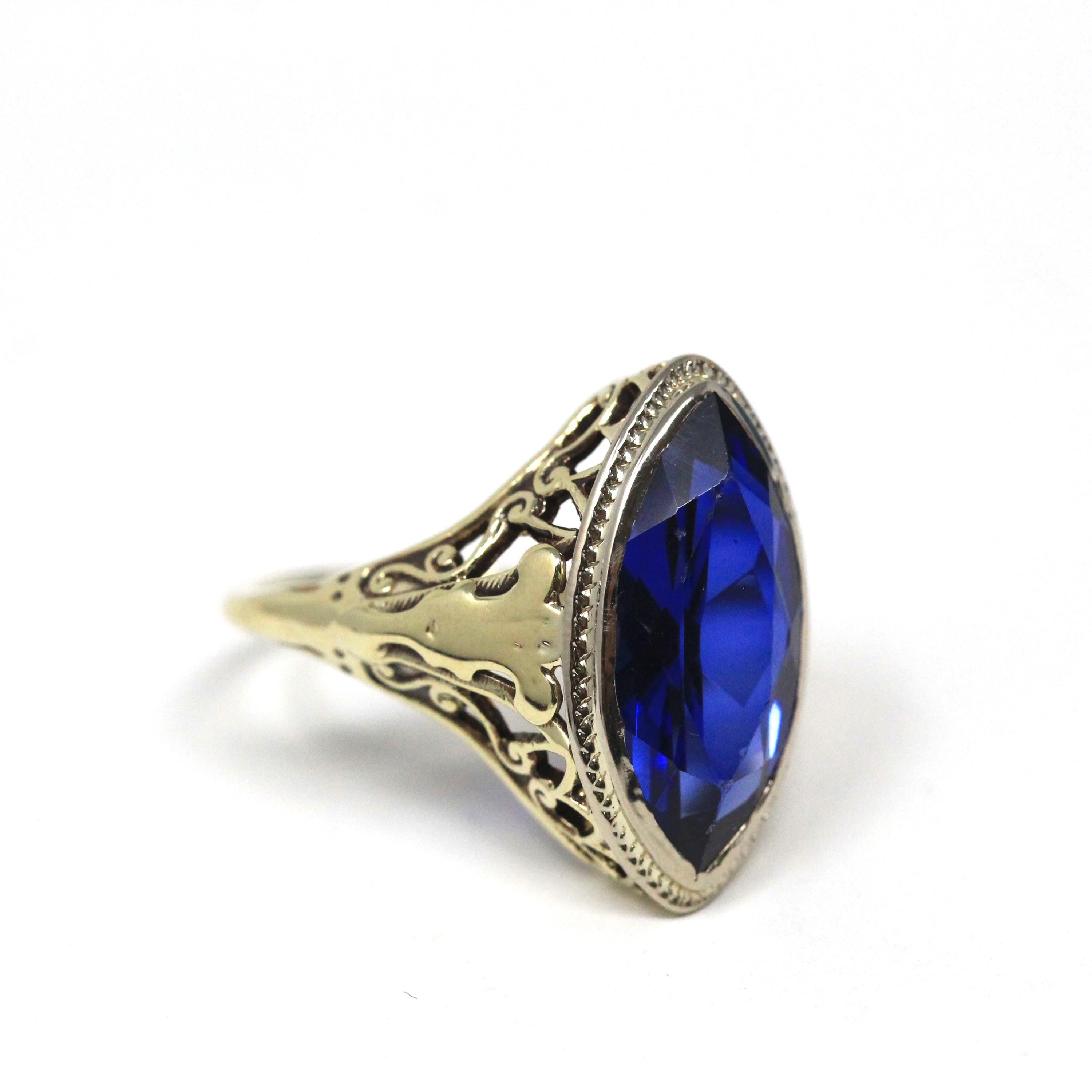 Art Deco Marquise Ring - Vintage 14k White & Yellow Gold Created Blue Sapphire Navette Solitaire - Circa 1930s Size 5 Fine Filigree Jewelry
