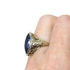Art Deco Marquise Ring - Vintage 14k White & Yellow Gold Created Blue Sapphire Navette Solitaire - Circa 1930s Size 5 Fine Filigree Jewelry