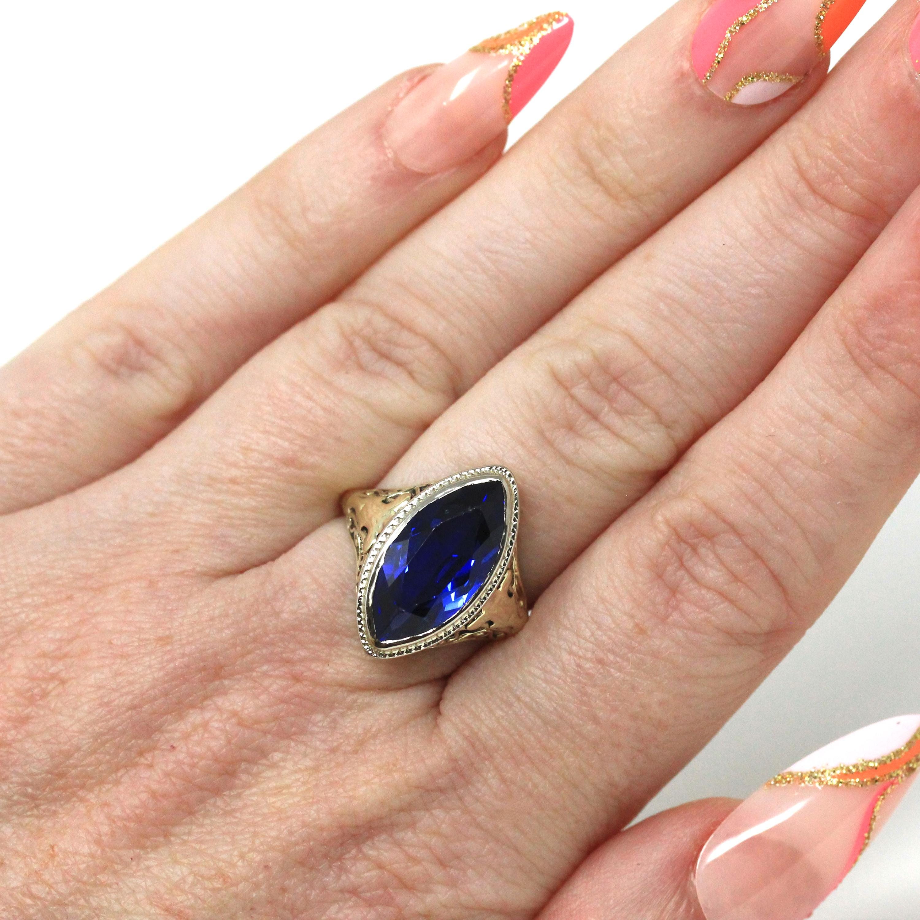 Art Deco Marquise Ring - Vintage 14k White & Yellow Gold Created Blue Sapphire Navette Solitaire - Circa 1930s Size 5 Fine Filigree Jewelry