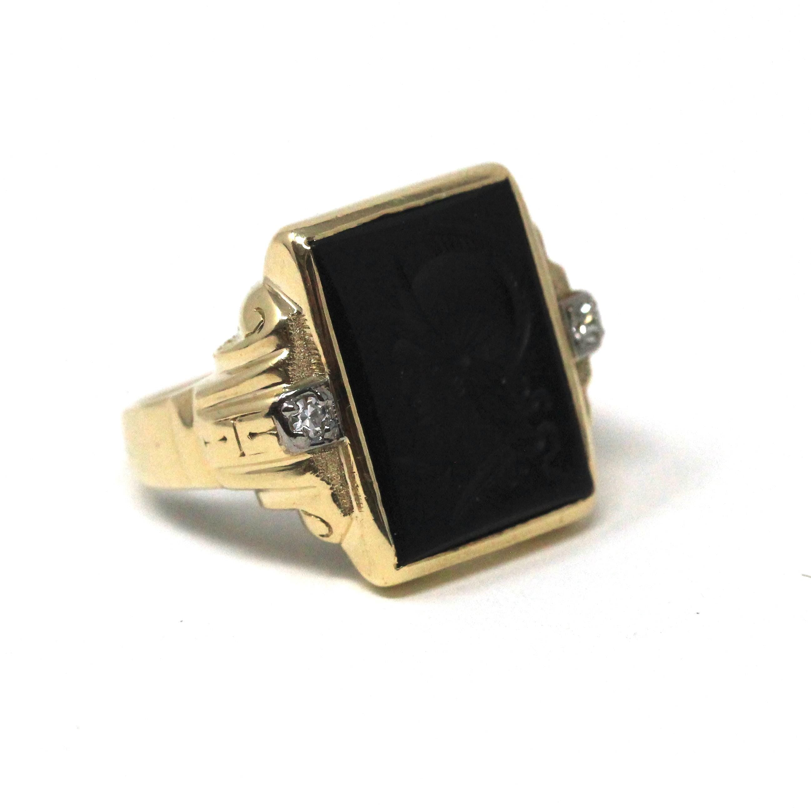 Vintage Warrior Intaglio Ring - Mid Century 10k Gold Carved Black Chalcedony Natural Diamonds - Circa 1940s Size 7 1/2 Unisex Fine Jewelry