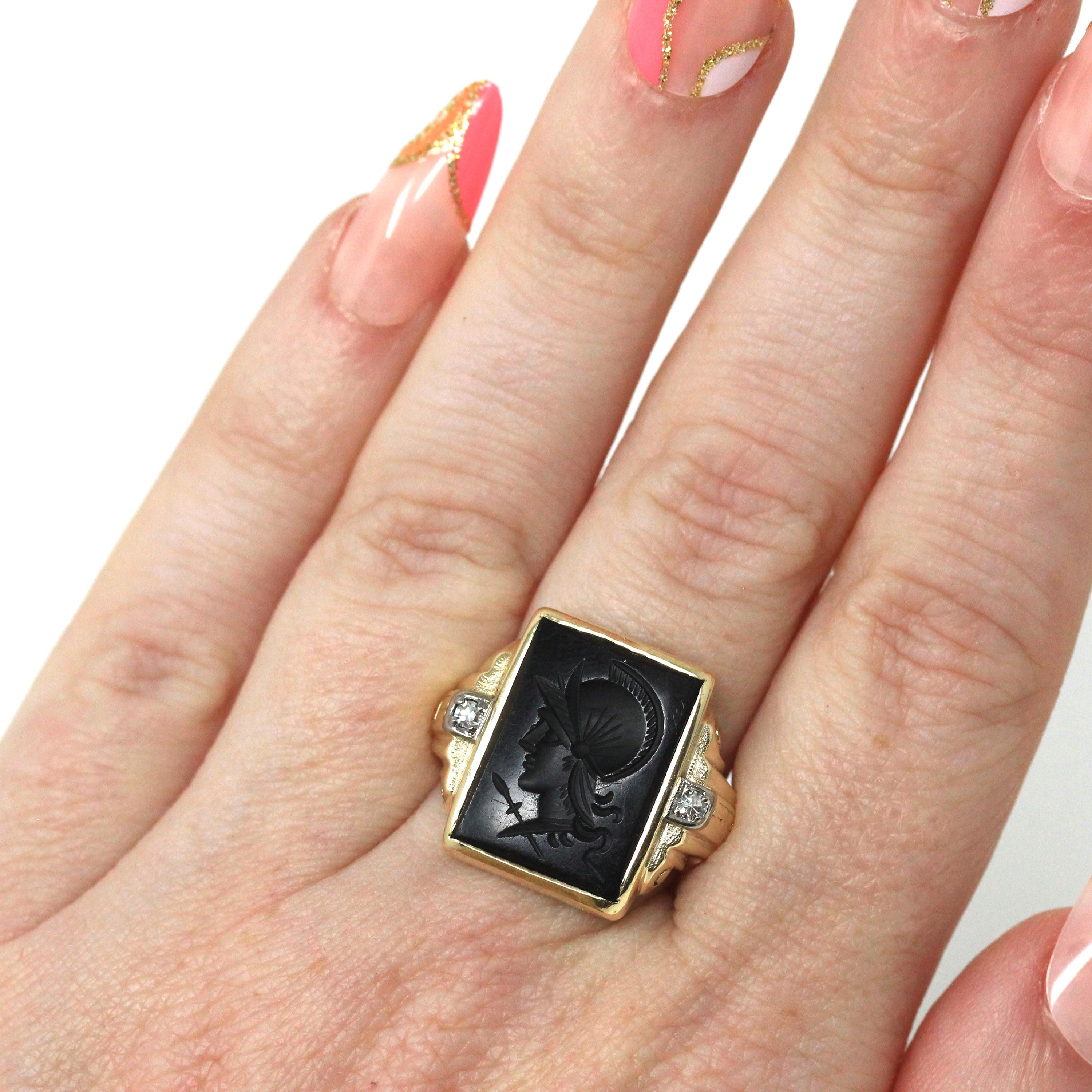 Vintage Warrior Intaglio Ring - Mid Century 10k Gold Carved Black Chalcedony Natural Diamonds - Circa 1940s Size 7 1/2 Unisex Fine Jewelry