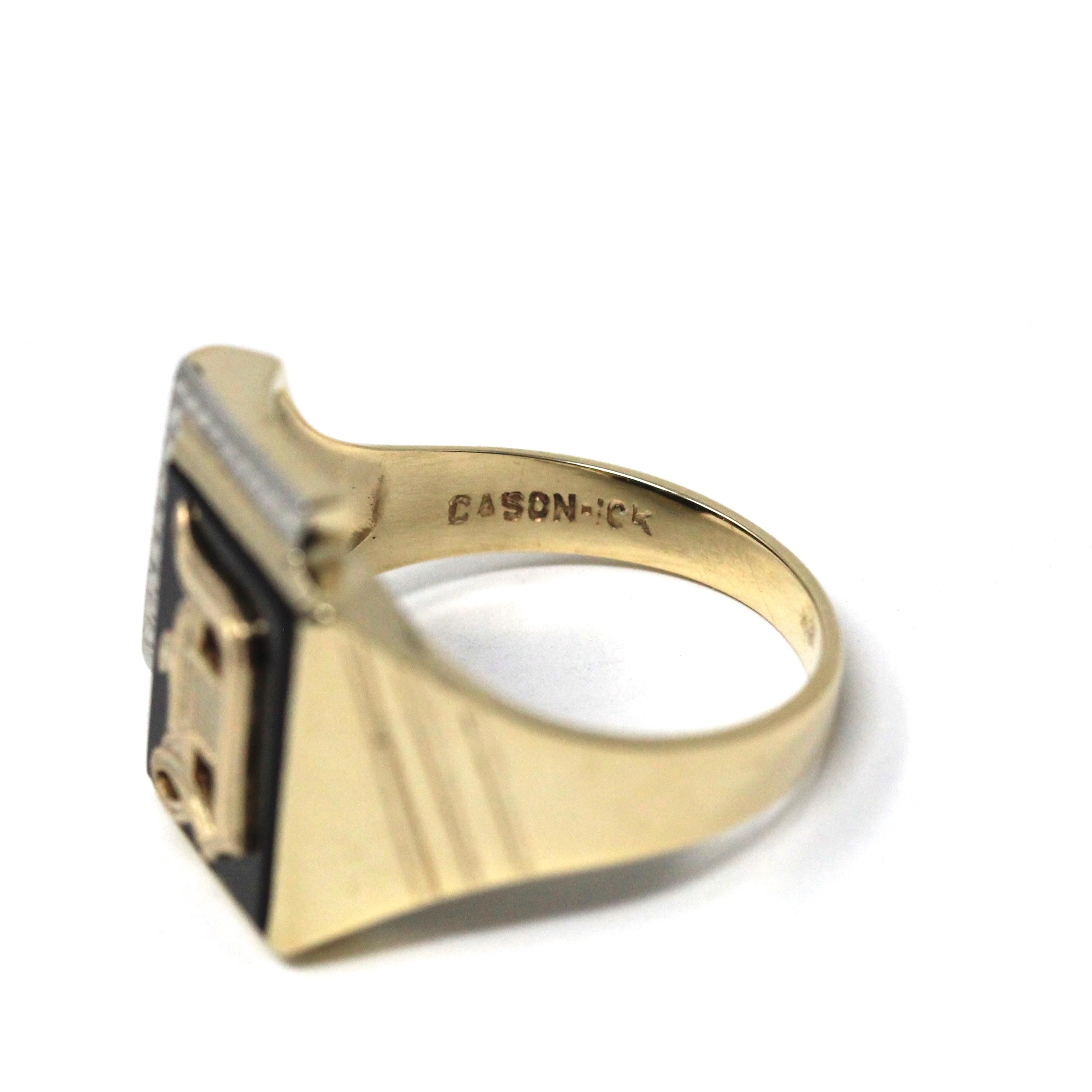 Letter "D" Onyx Ring - Mid Century 10k Yellow & White Gold Black Chalcedony Signet - Vintage 1950s Era Size 11 Men's Unisex Fine Jewelry