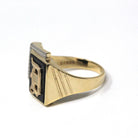 Letter "D" Onyx Ring - Mid Century 10k Yellow & White Gold Black Chalcedony Signet - Vintage 1950s Era Size 11 Men's Unisex Fine Jewelry