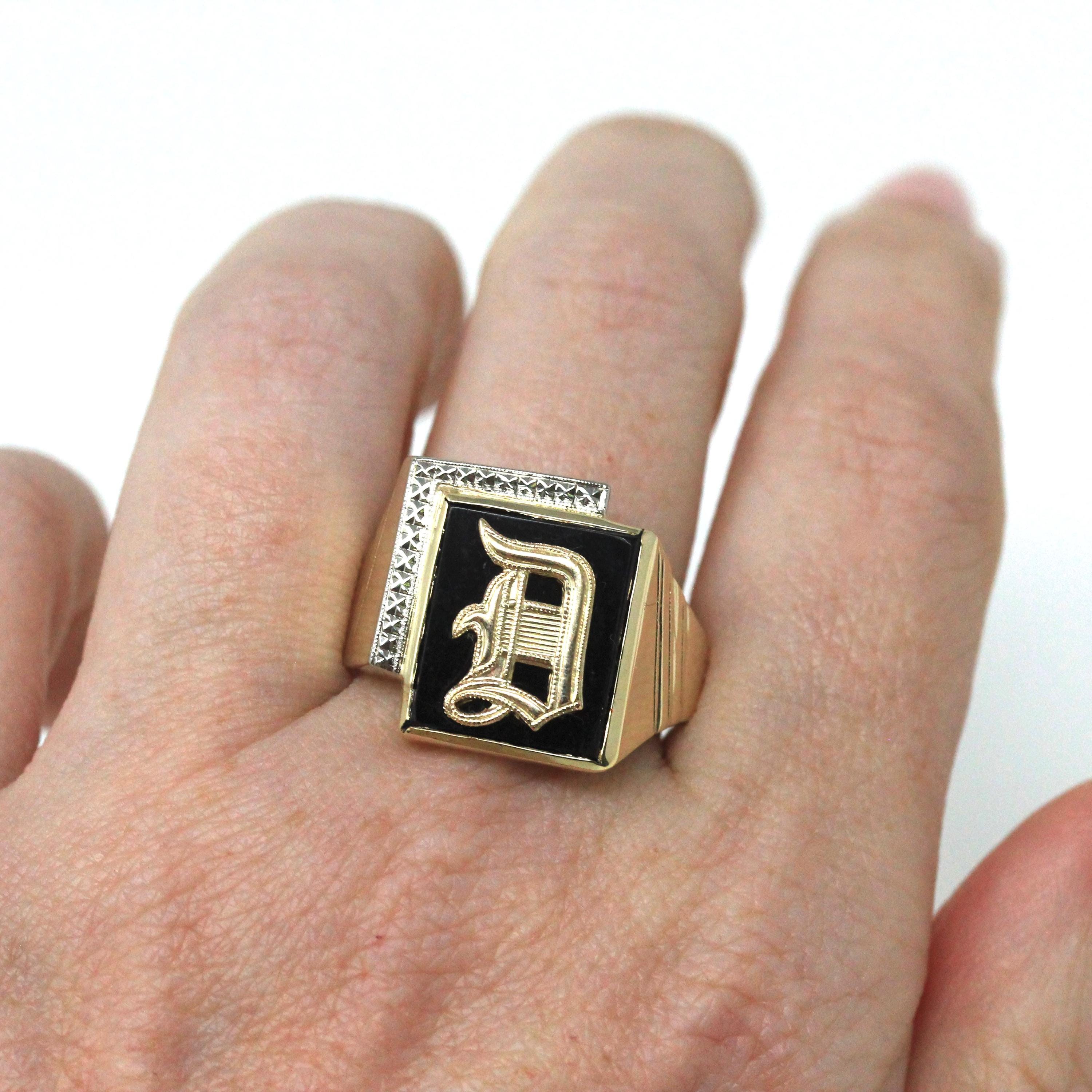 Letter "D" Onyx Ring - Mid Century 10k Yellow & White Gold Black Chalcedony Signet - Vintage 1950s Era Size 11 Men's Unisex Fine Jewelry