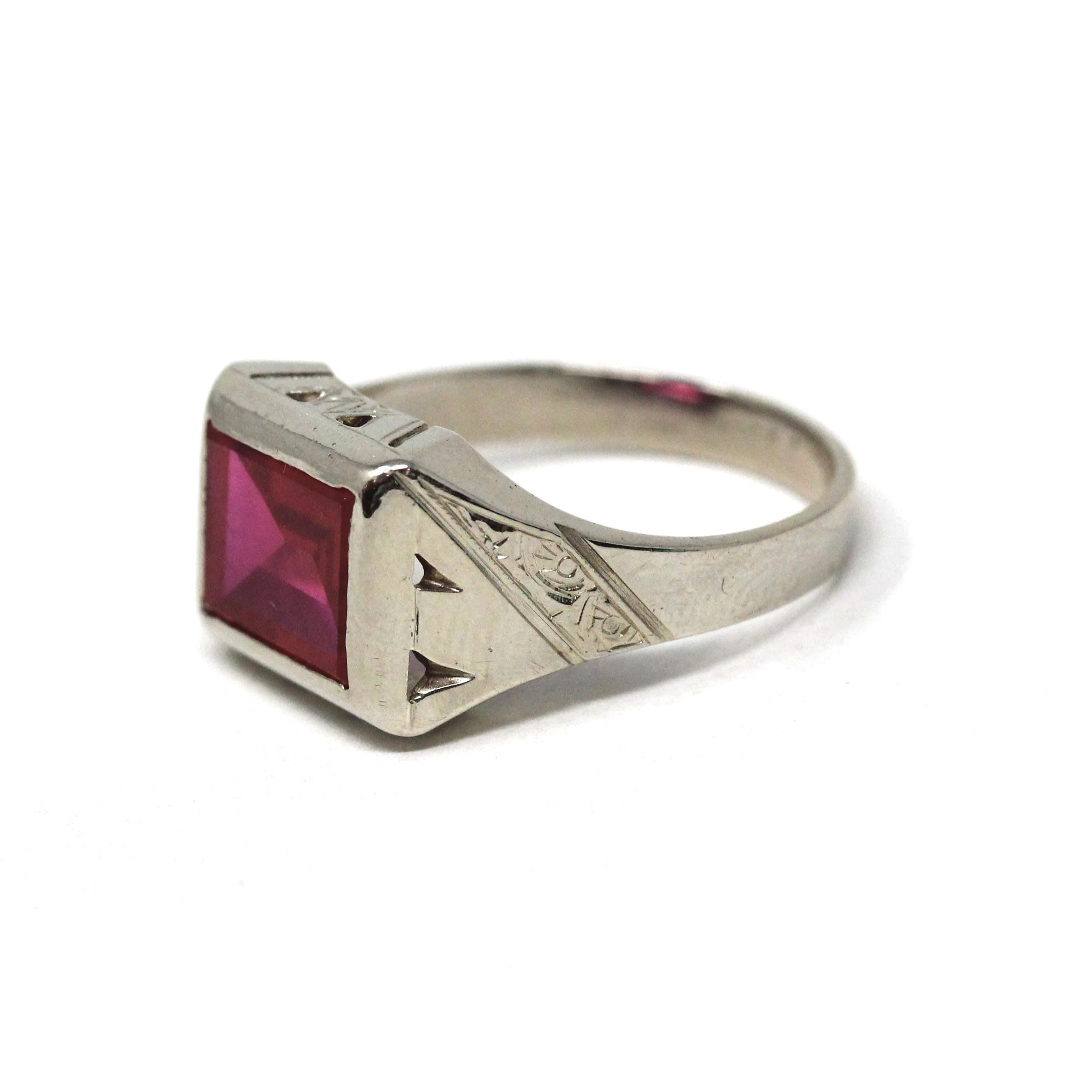 Created Ruby Ring - Art Deco 14k White Gold Red 2.83 CT Stone - Vintage Circa 1930s Era Size 9 July Birthstone Statement Fine Unisex Jewelry