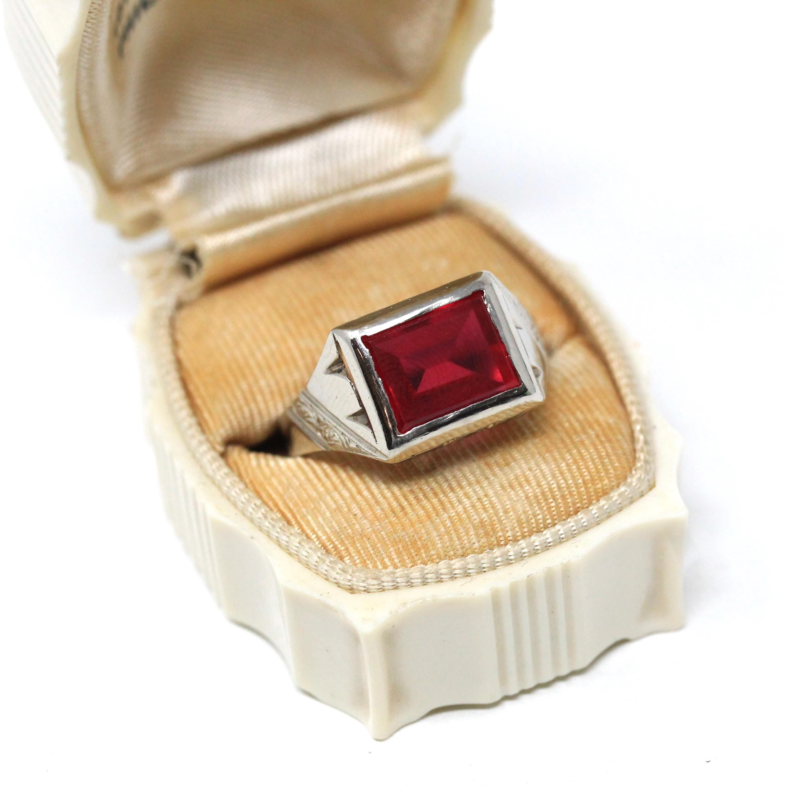 Created Ruby Ring - Art Deco 14k White Gold Red 2.83 CT Stone - Vintage Circa 1930s Era Size 9 July Birthstone Statement Fine Unisex Jewelry