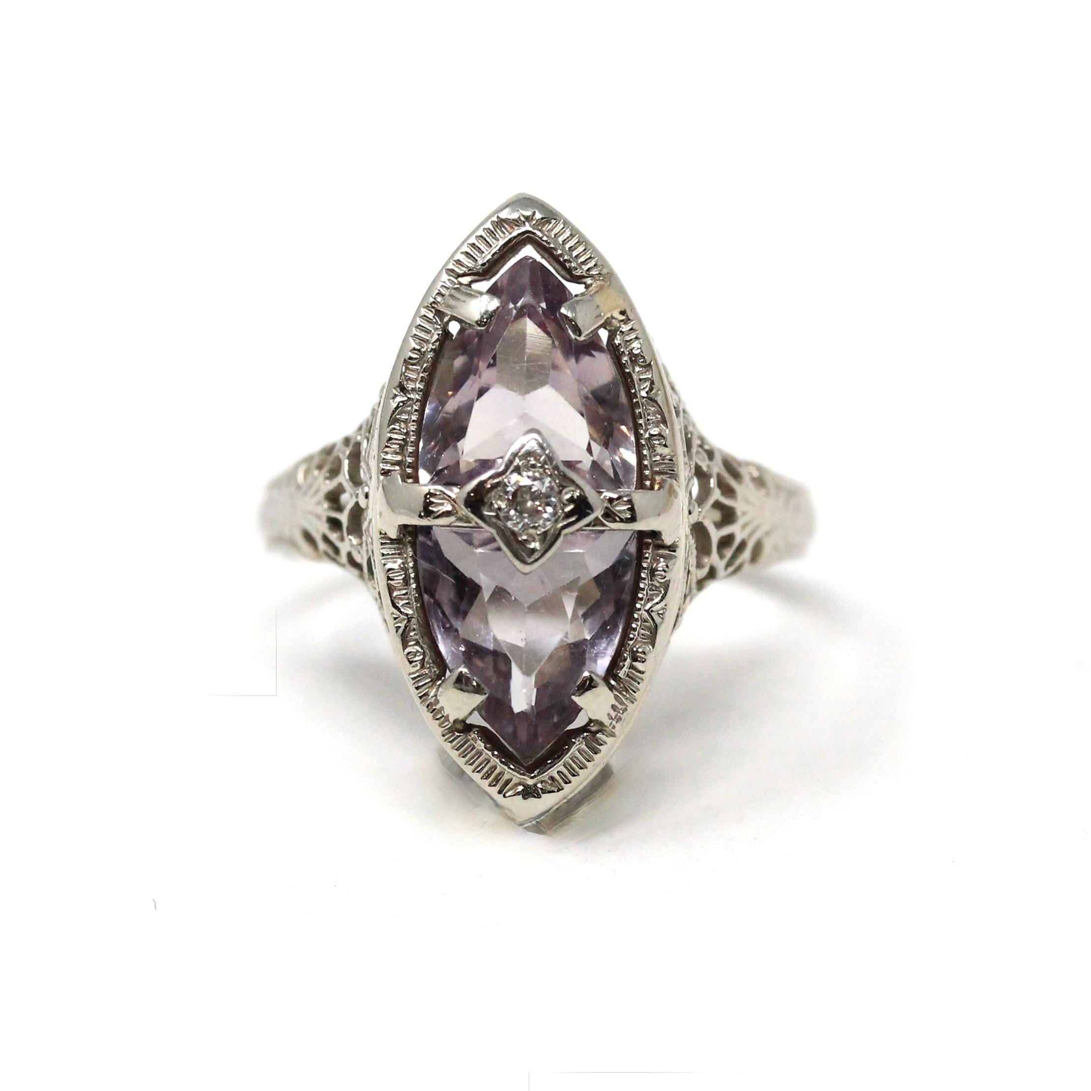 Vintage Amethyst Ring - Art Deco 14k White Gold Natural Purple Gemstones - Circa 1930s Era Size 7 1/4 Diamond .03 CT Filigree Fine Jewelry