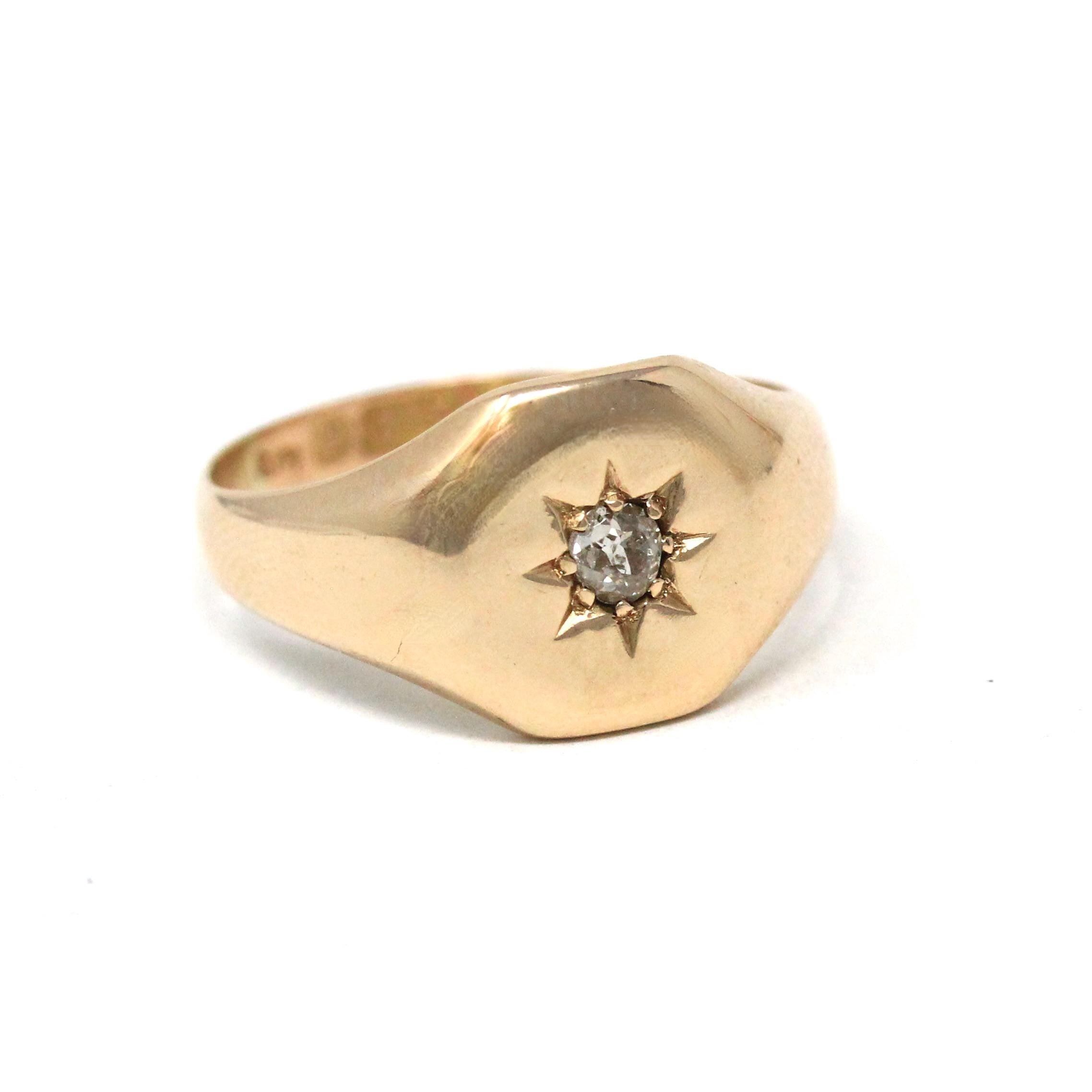 Antique Star Ring - Edwardian 9k Yellow Gold Natural .12 CT Old Mine Cut Signet - Circa 1910s Era Size 8 1/4 Incised Design Fine Jewelry