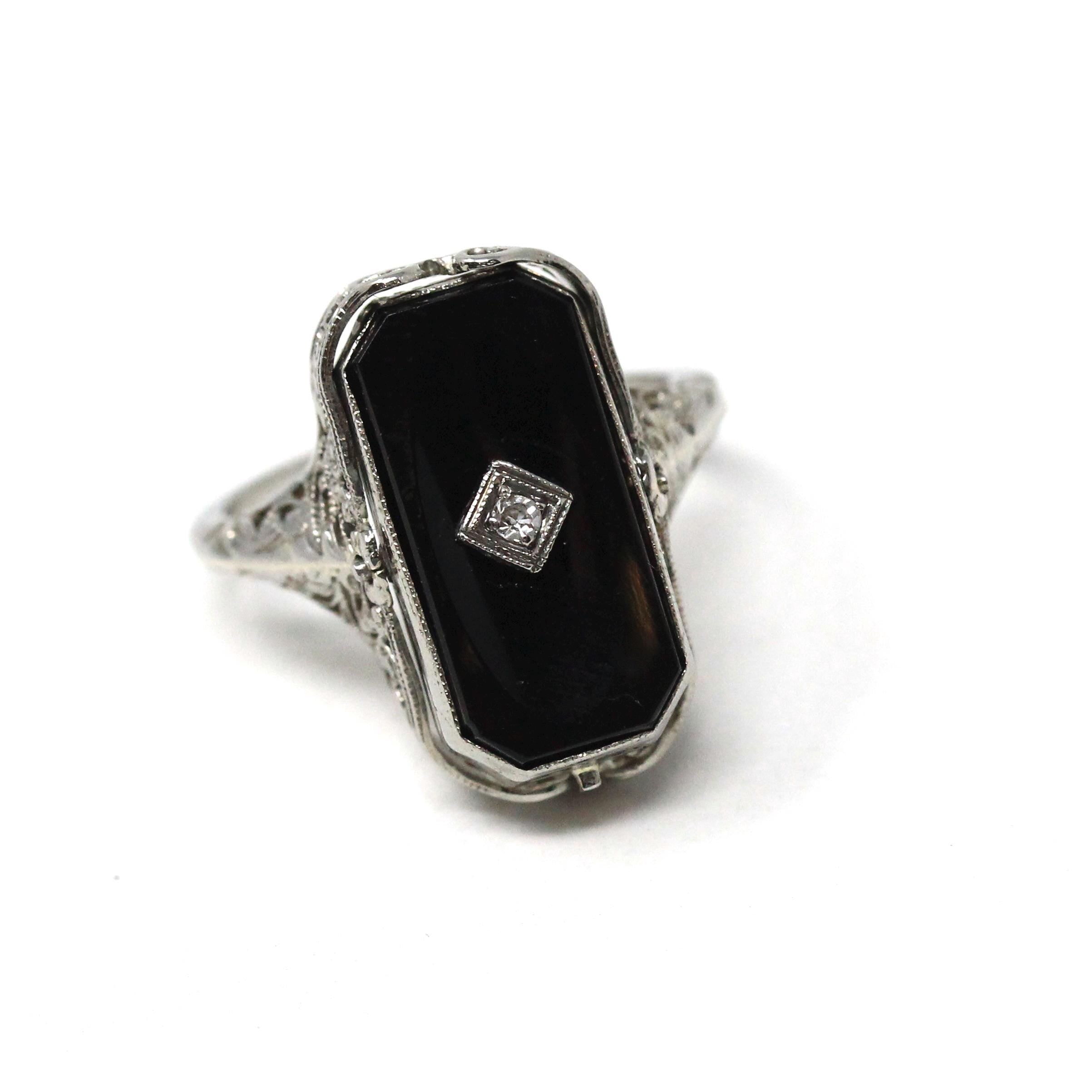 Vintage Flip Ring - Art Deco 14k White Gold Two Sided Cameo Black Onyx Natural Diamond - Circa 1930s Size 7 1/4 Reversible Filigree Jewelry