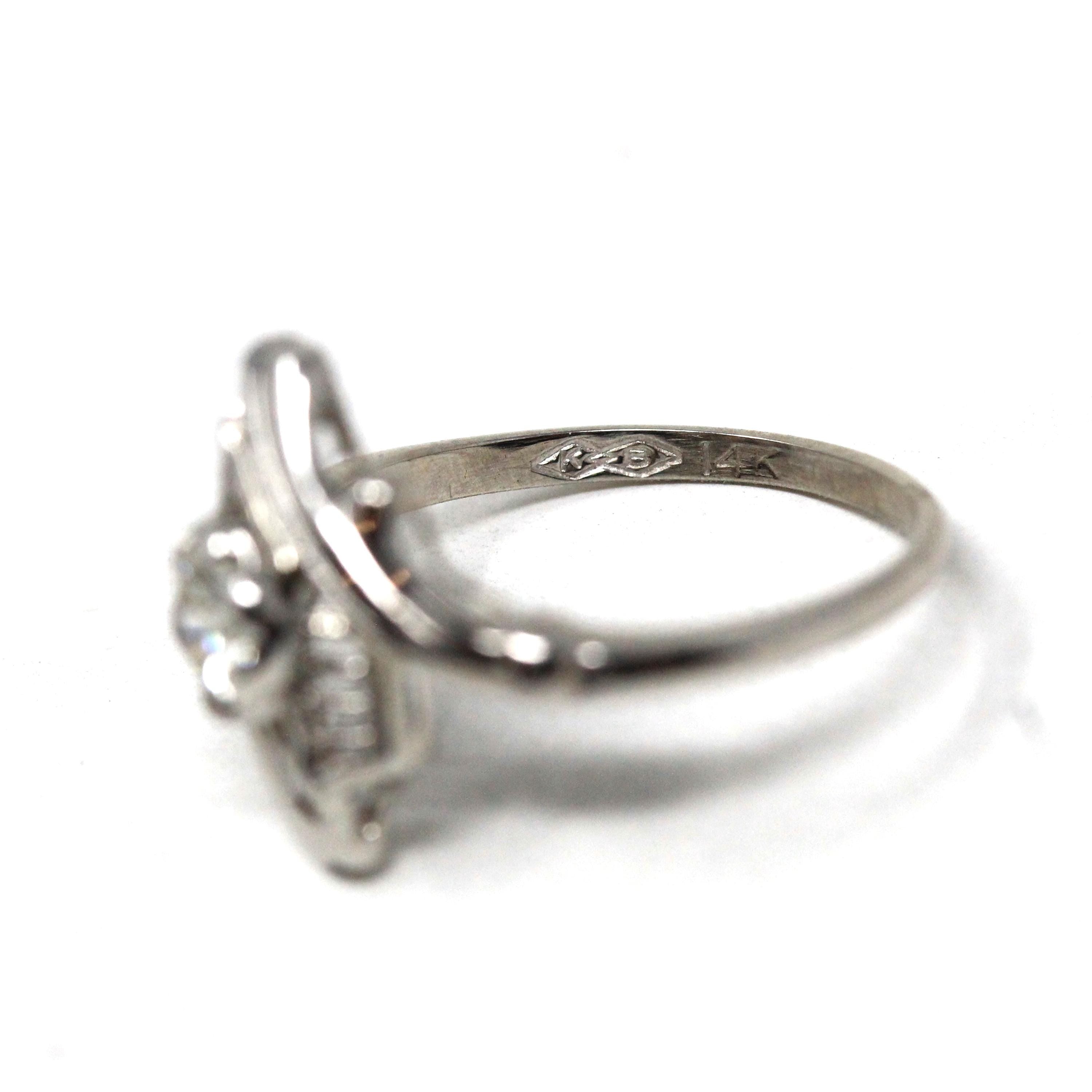 Art Deco Bypass Ring - Vintage 14k White Gold Solitaire Round 0.32 CT Diamond Gemstone - Circa 1930s Era Size 4 1/2 Fine Statement Jewelry