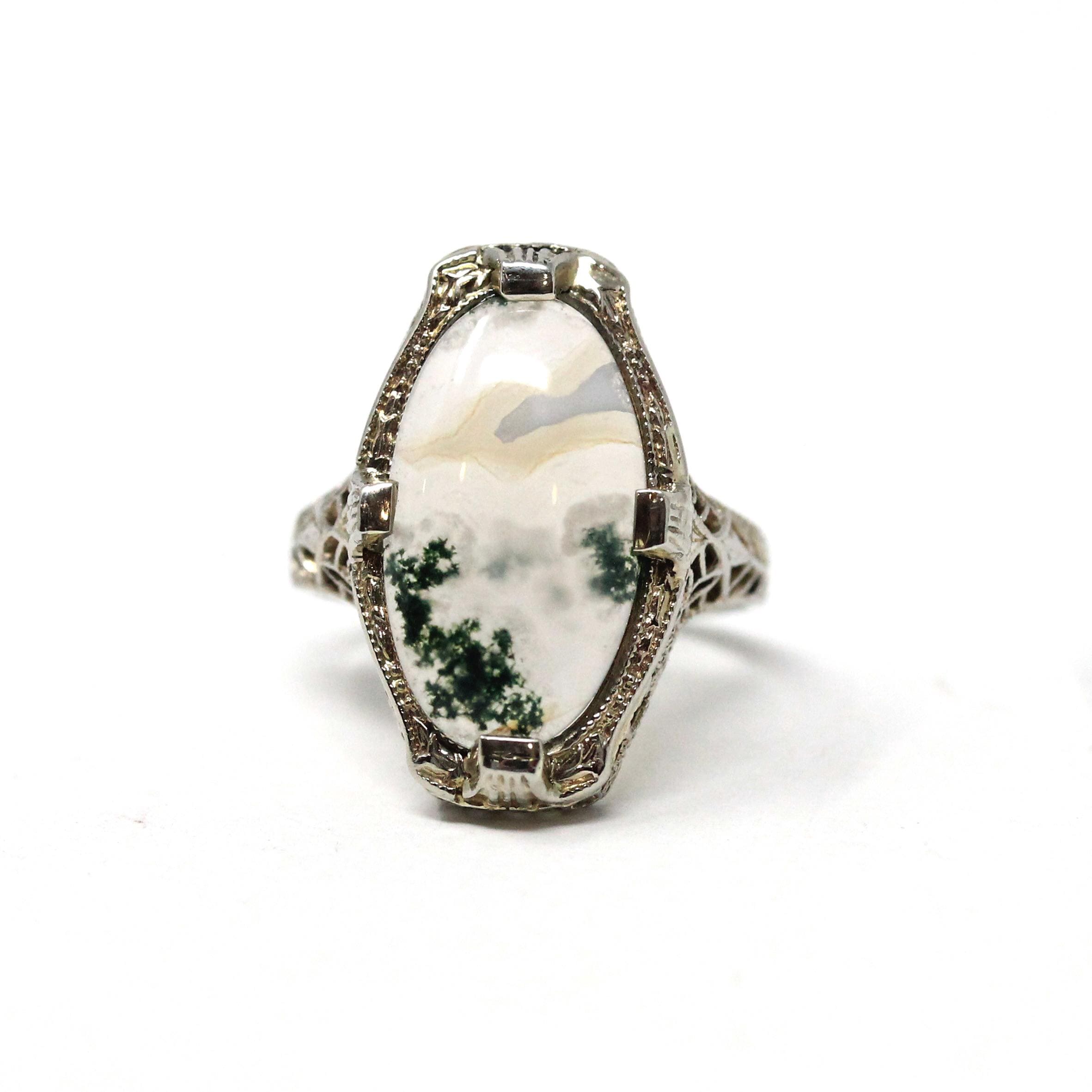 Antique Moss Agate Ring - Art Deco Era 14k White Gold Natural Gemstone - Vintage 1920s Size 3 1/2 Floral Filigree Shield Style Fine Jewelry