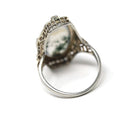 Antique Moss Agate Ring - Art Deco Era 14k White Gold Natural Gemstone - Vintage 1920s Size 3 1/2 Floral Filigree Shield Style Fine Jewelry