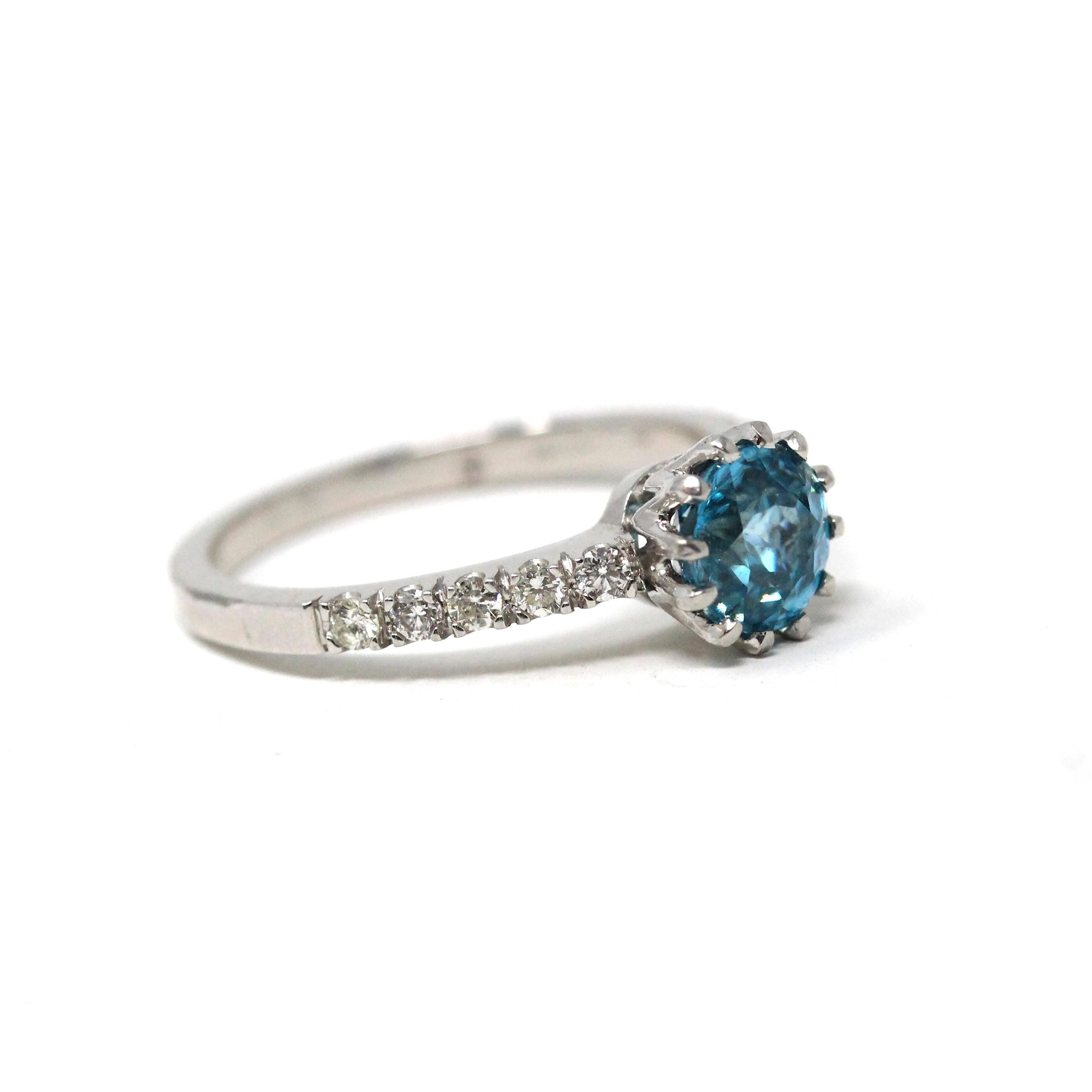 Zircon & Diamond Ring - Estate Platinum Natural Blue Gemstone Alternative Engagement - Modern Size 6 December Birthstone Fine Bridal Jewelry