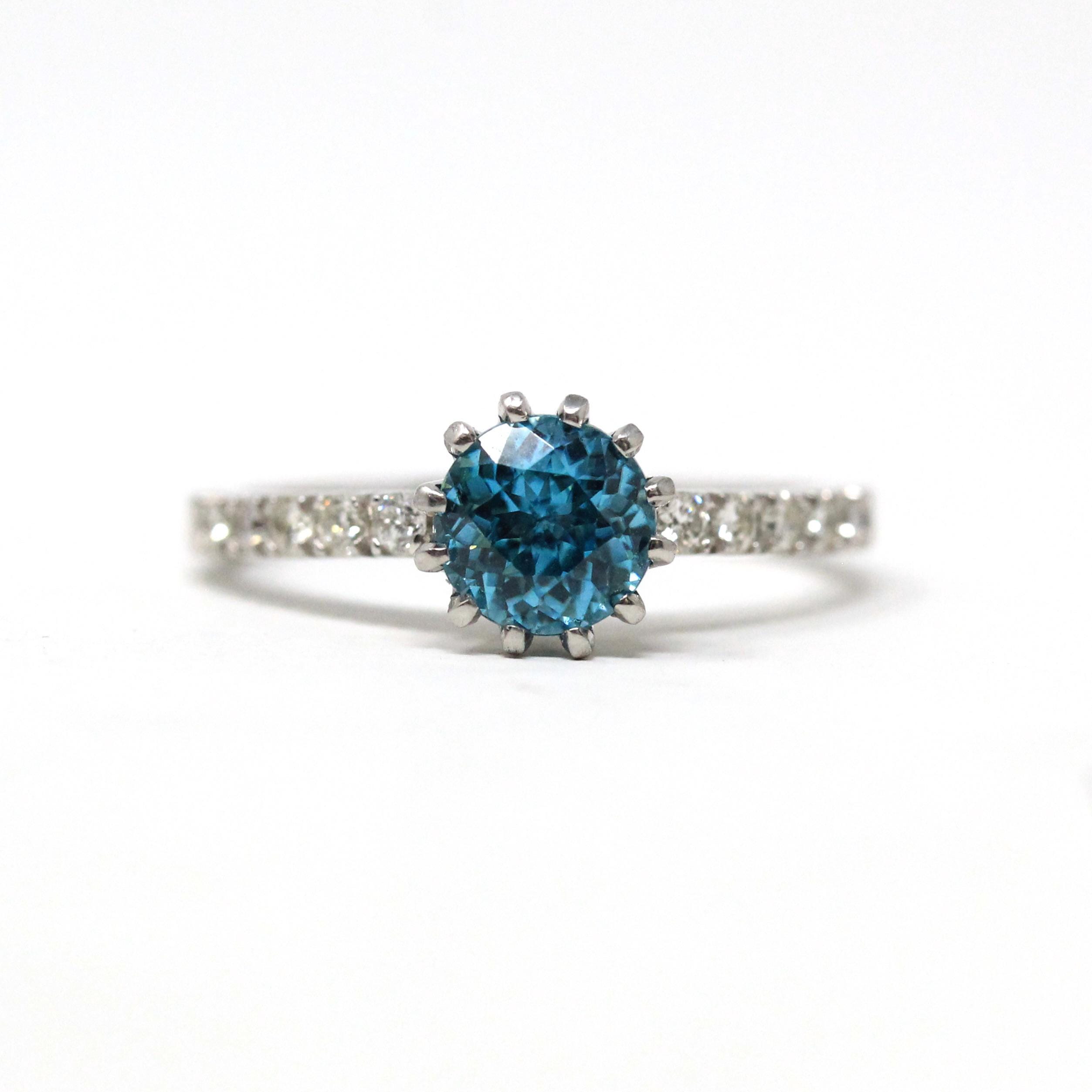 Zircon & Diamond Ring - Estate Platinum Natural Blue Gemstone Alternative Engagement - Modern Size 6 December Birthstone Fine Bridal Jewelry