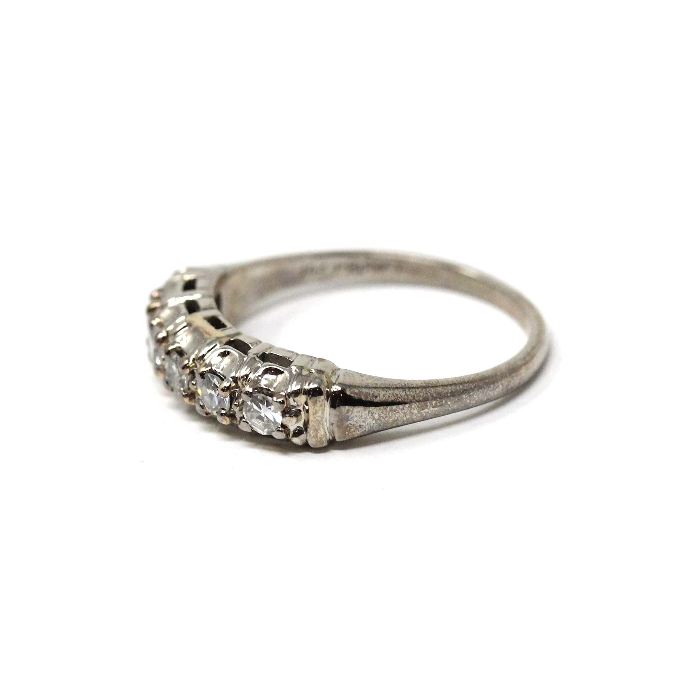 Diamond Wedding Band - Vintage 14k White Gold Natural .22 CTW Ring - Mid Century Circa 1950s Era Size 6 1/2 Stacking Fine Bridal Jewelry