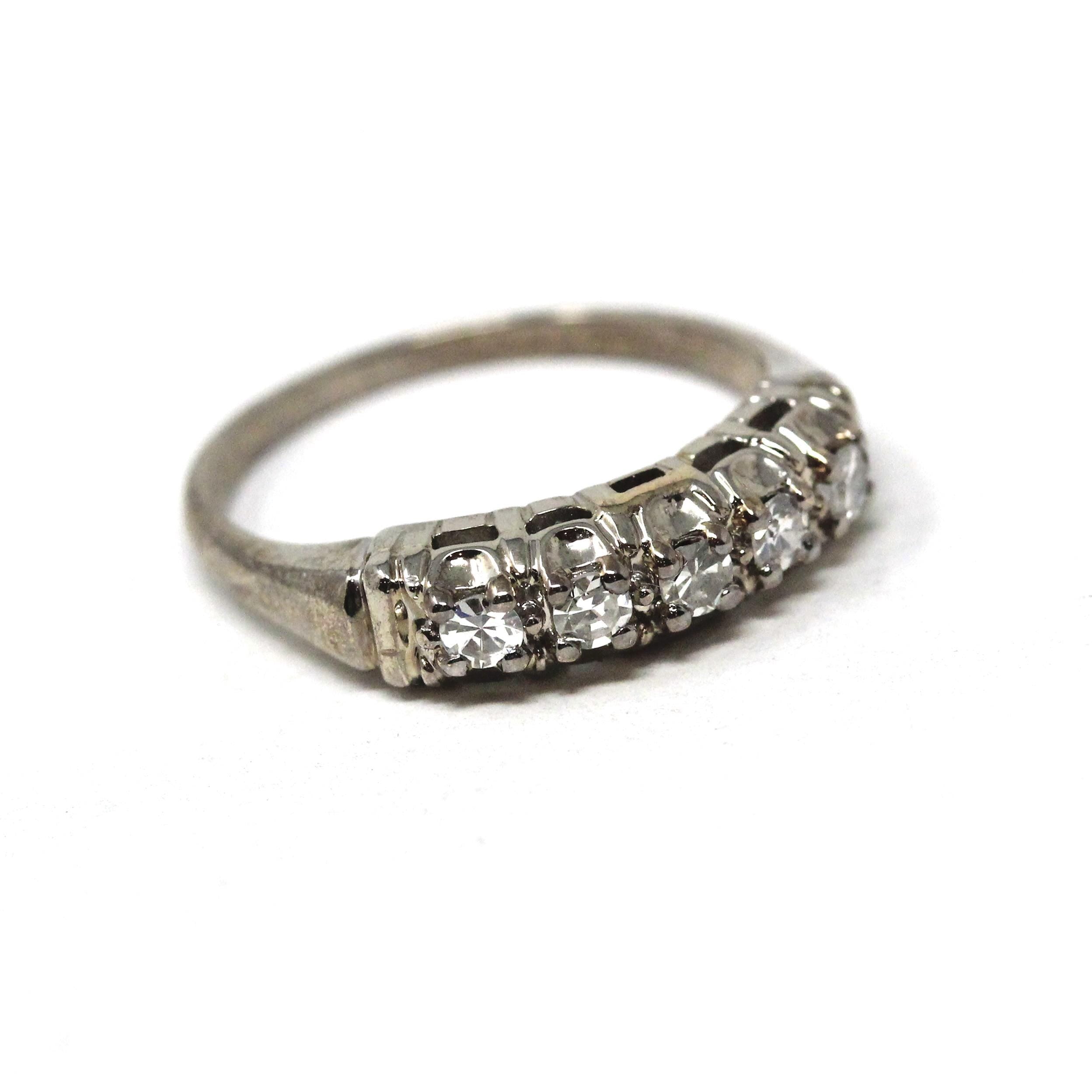 Diamond Wedding Band - Vintage 14k White Gold Natural .22 CTW Ring - Mid Century Circa 1950s Era Size 6 1/2 Stacking Fine Bridal Jewelry