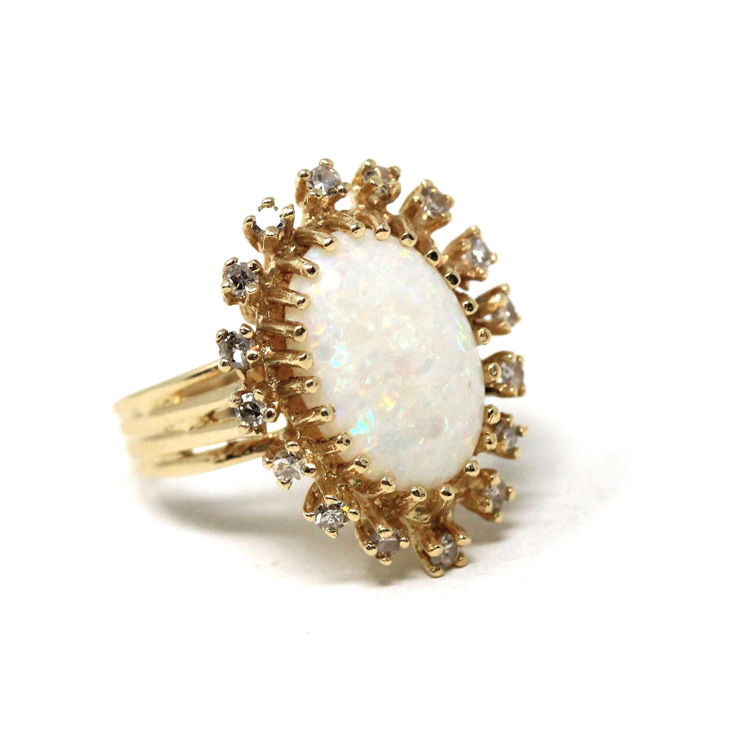 Opal Cocktail Ring - Vintage 14k Yellow Gold Cabochon Cut 3CT Gem - Circa 1970s Size 6 Diamond Halo .40 CTW Accent Retro Era Fine Jewelry