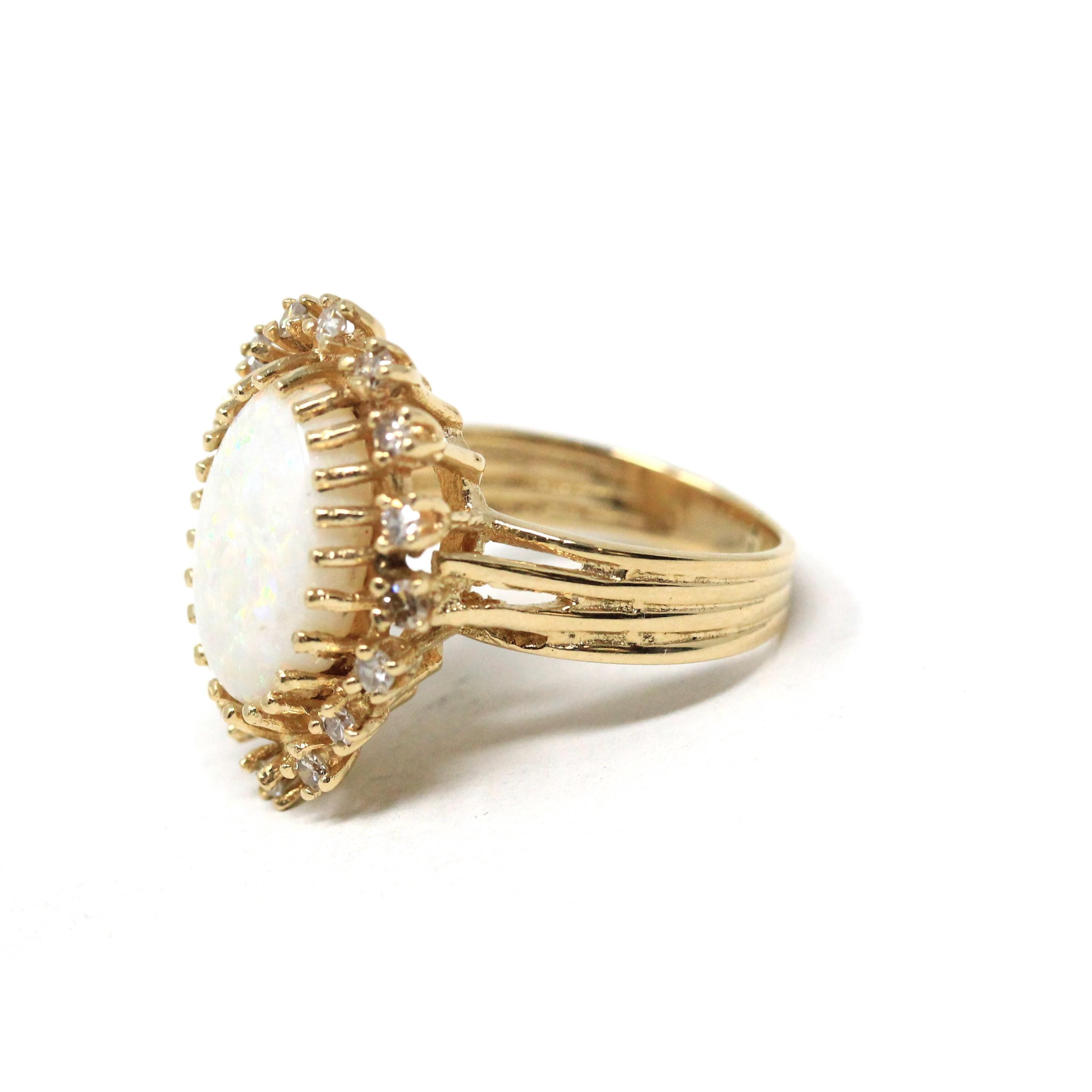 Opal Cocktail Ring - Vintage 14k Yellow Gold Cabochon Cut 3CT Gem - Circa 1970s Size 6 Diamond Halo .40 CTW Accent Retro Era Fine Jewelry